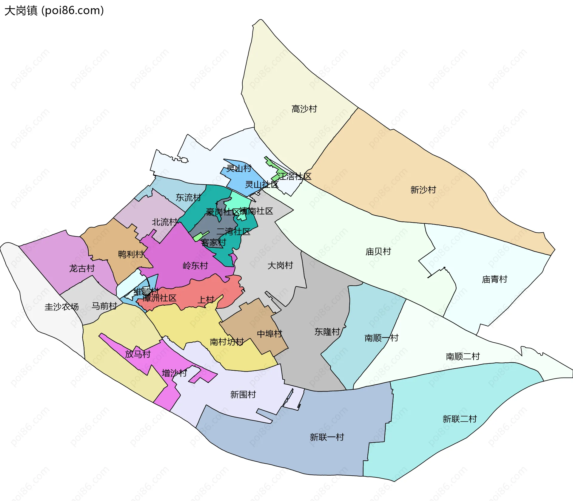大岗镇边界地图(五级行政区划)