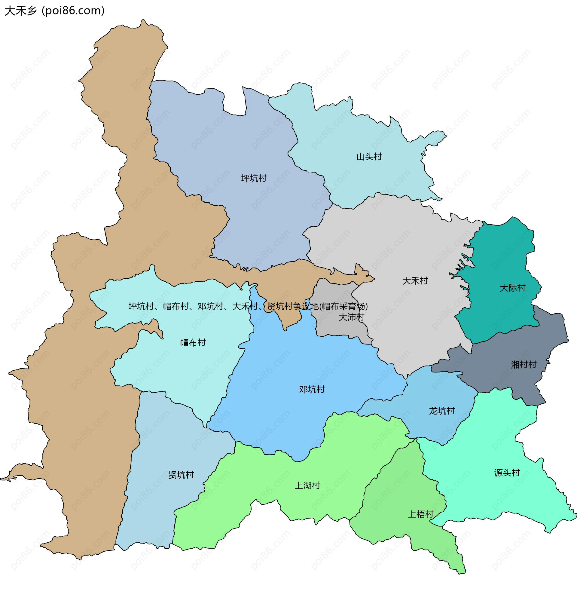 大禾乡边界地图(五级行政区划)