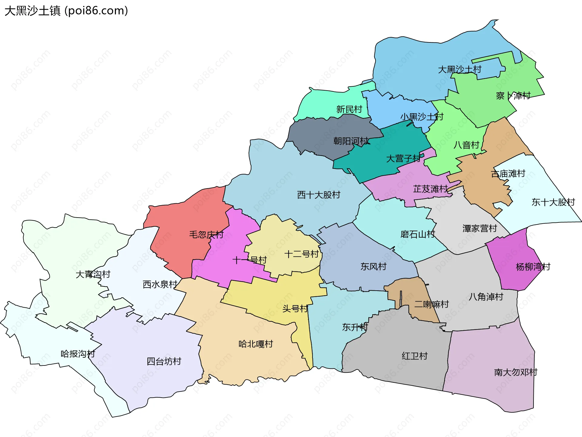 大黑沙土镇边界地图(五级行政区划)