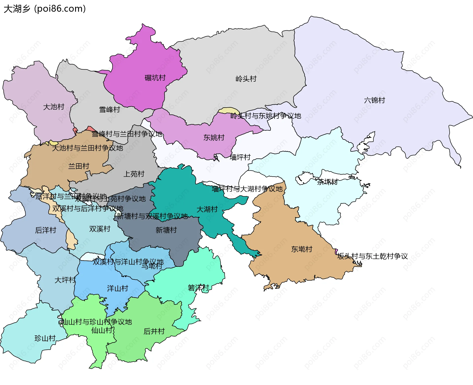 大湖乡边界地图(五级行政区划)