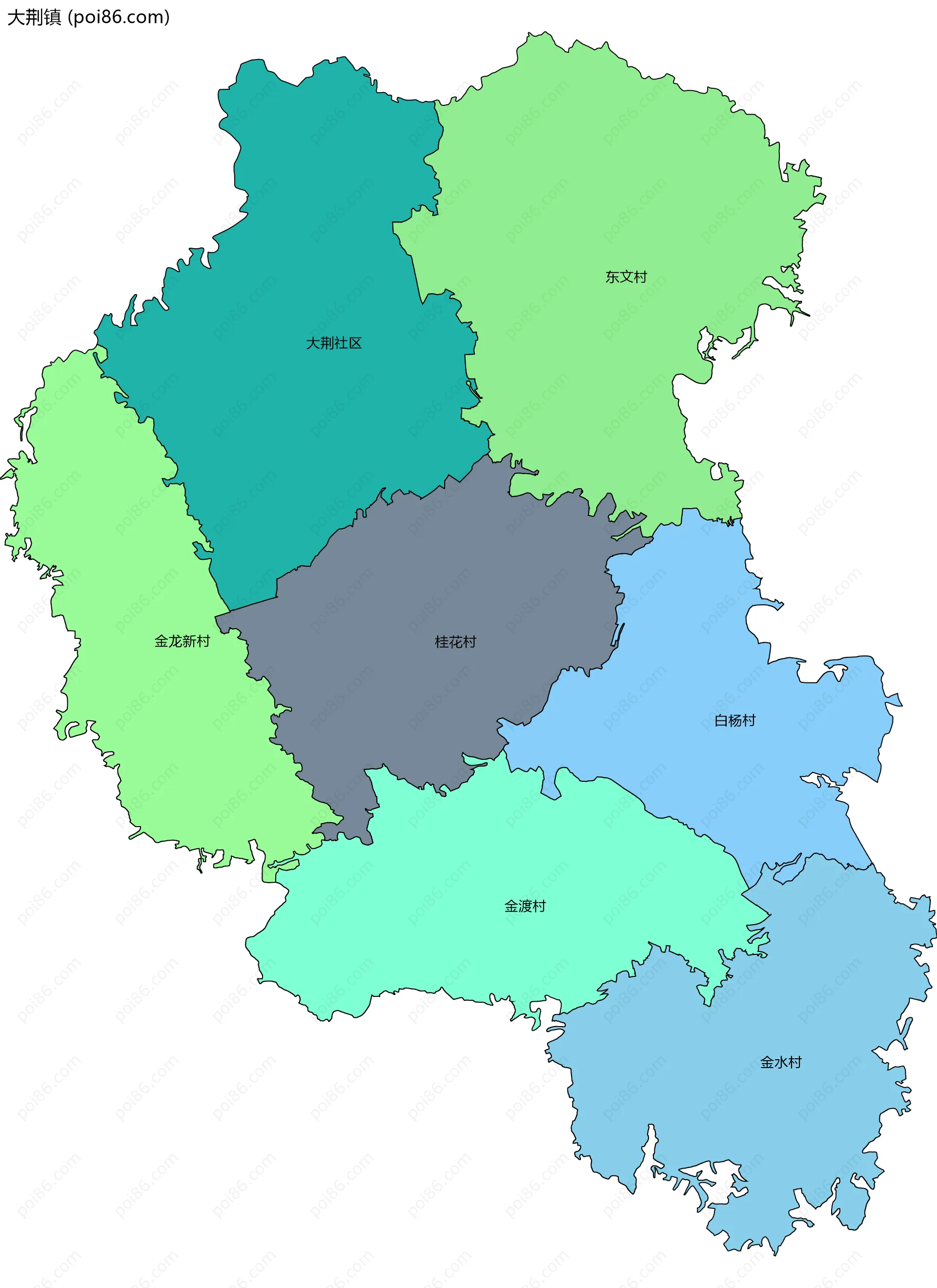 大荆镇边界地图(五级行政区划)