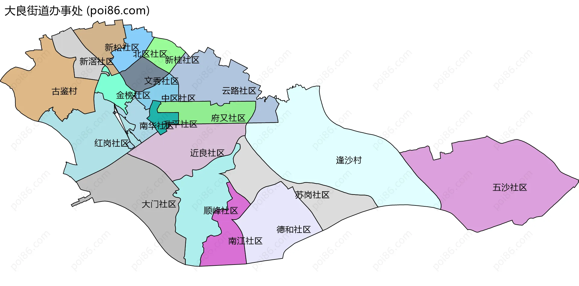 大良街道办事处边界地图(五级行政区划)