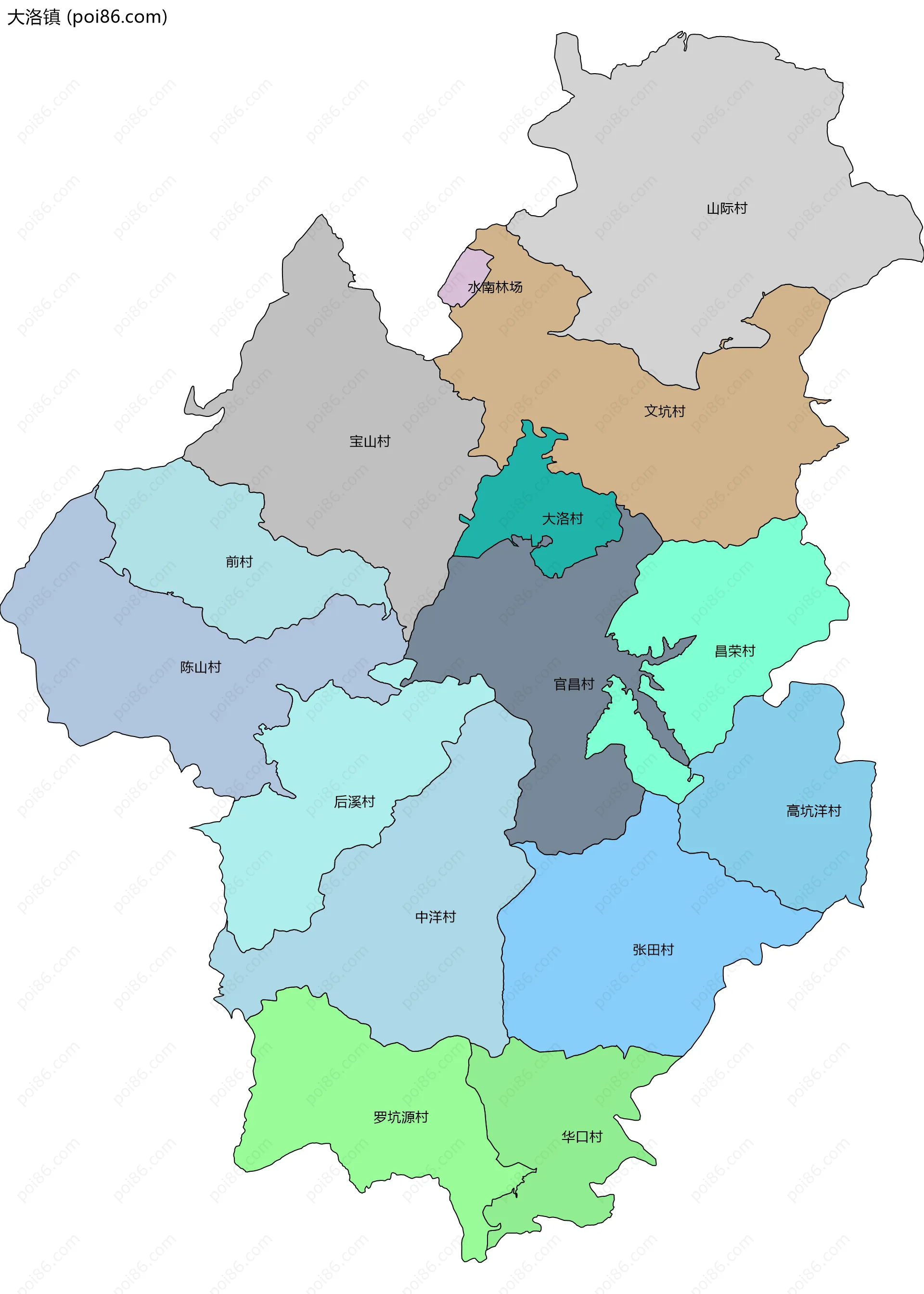 大洛镇边界地图(五级行政区划)