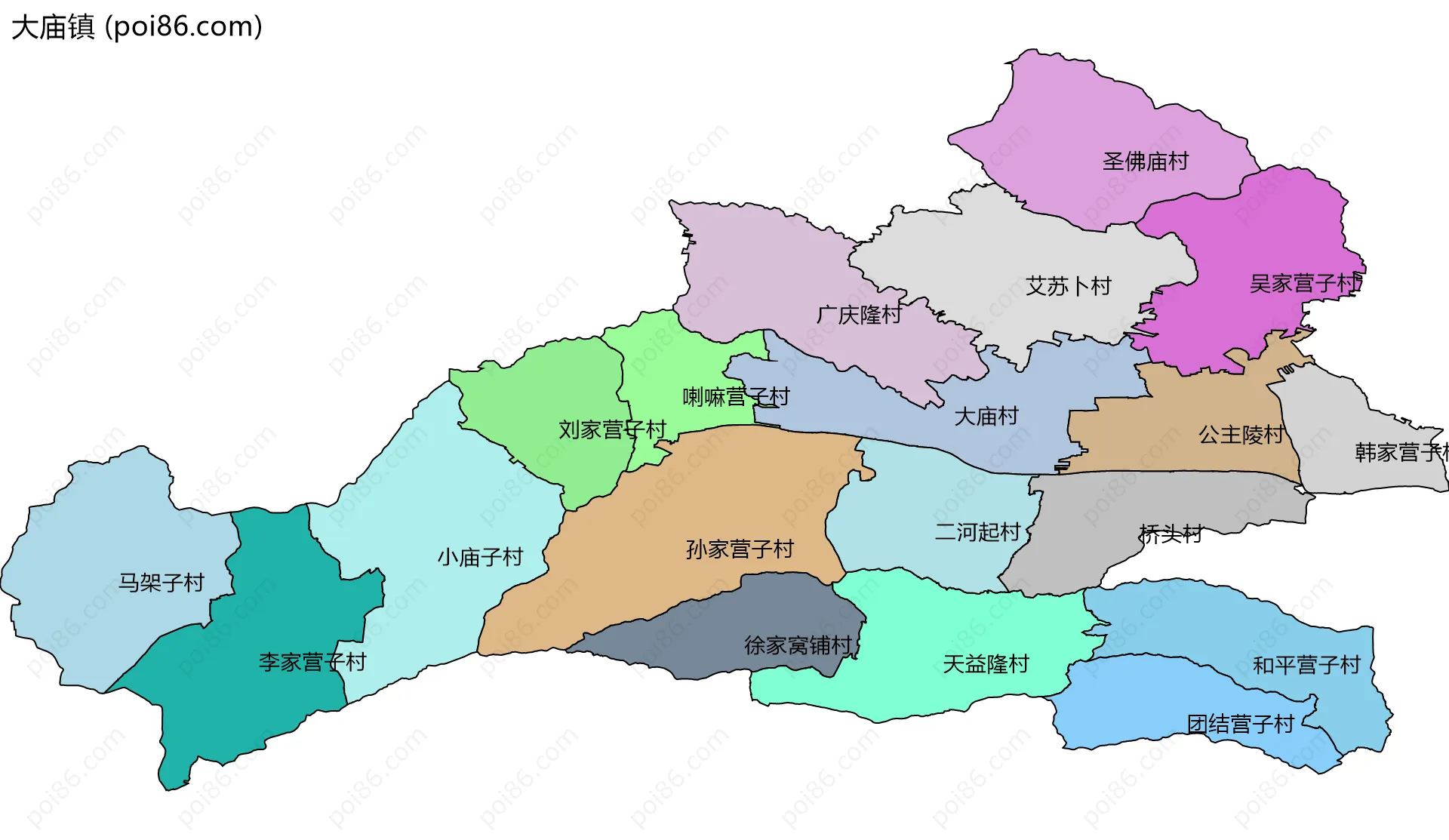 大庙镇边界地图(五级行政区划)