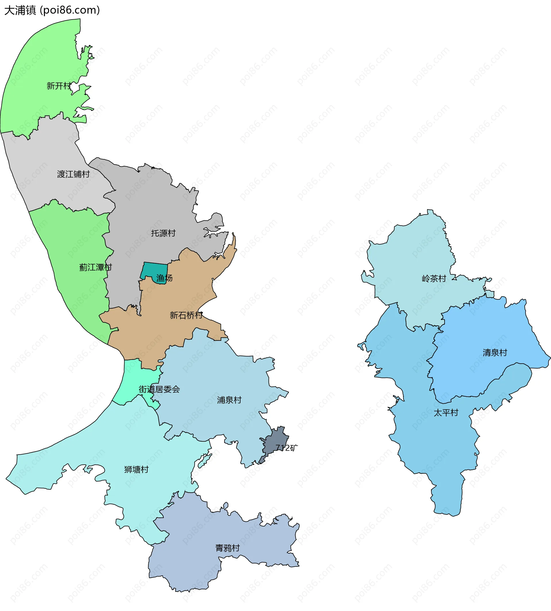 大浦镇边界地图(五级行政区划)