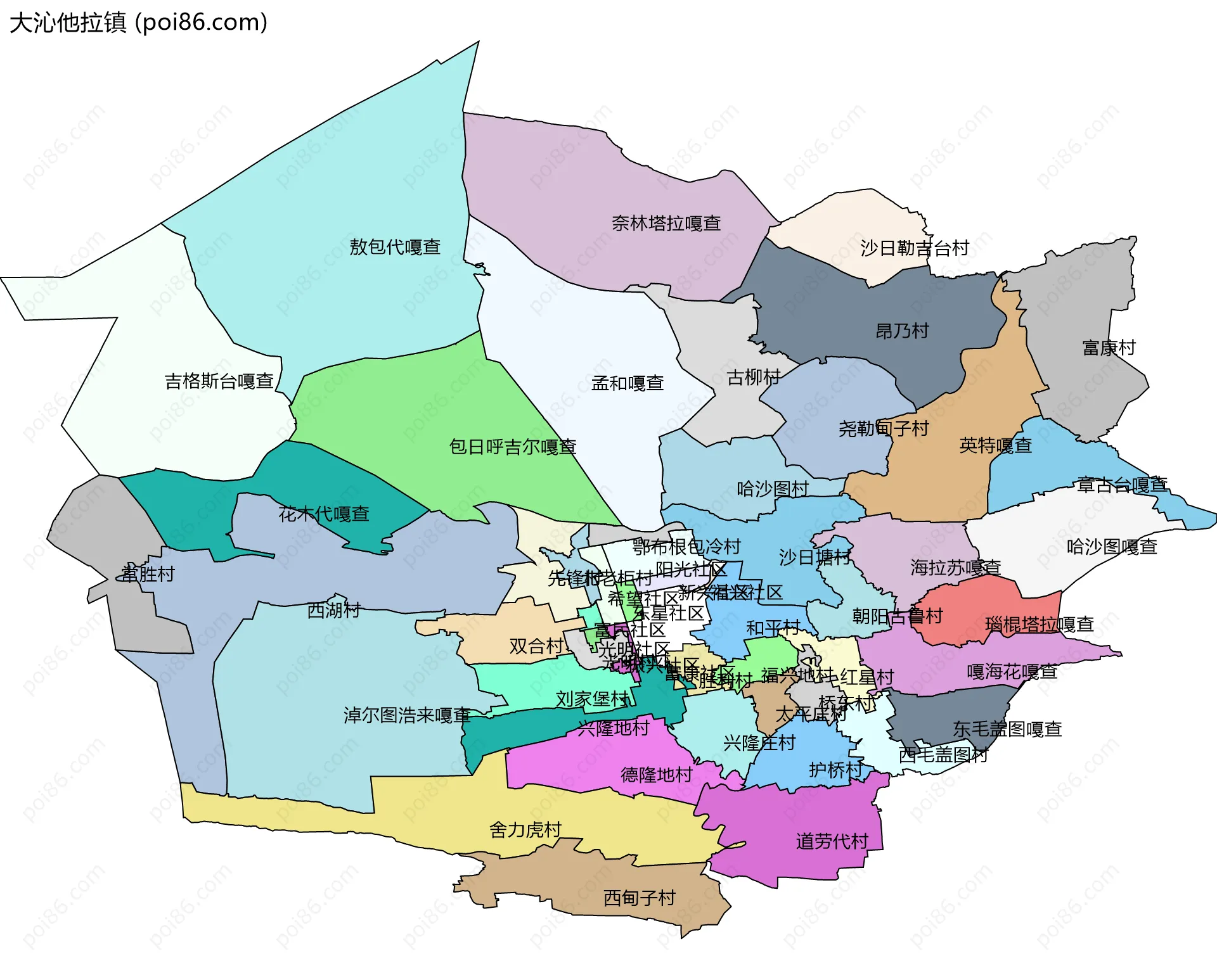 大沁他拉镇边界地图(五级行政区划)