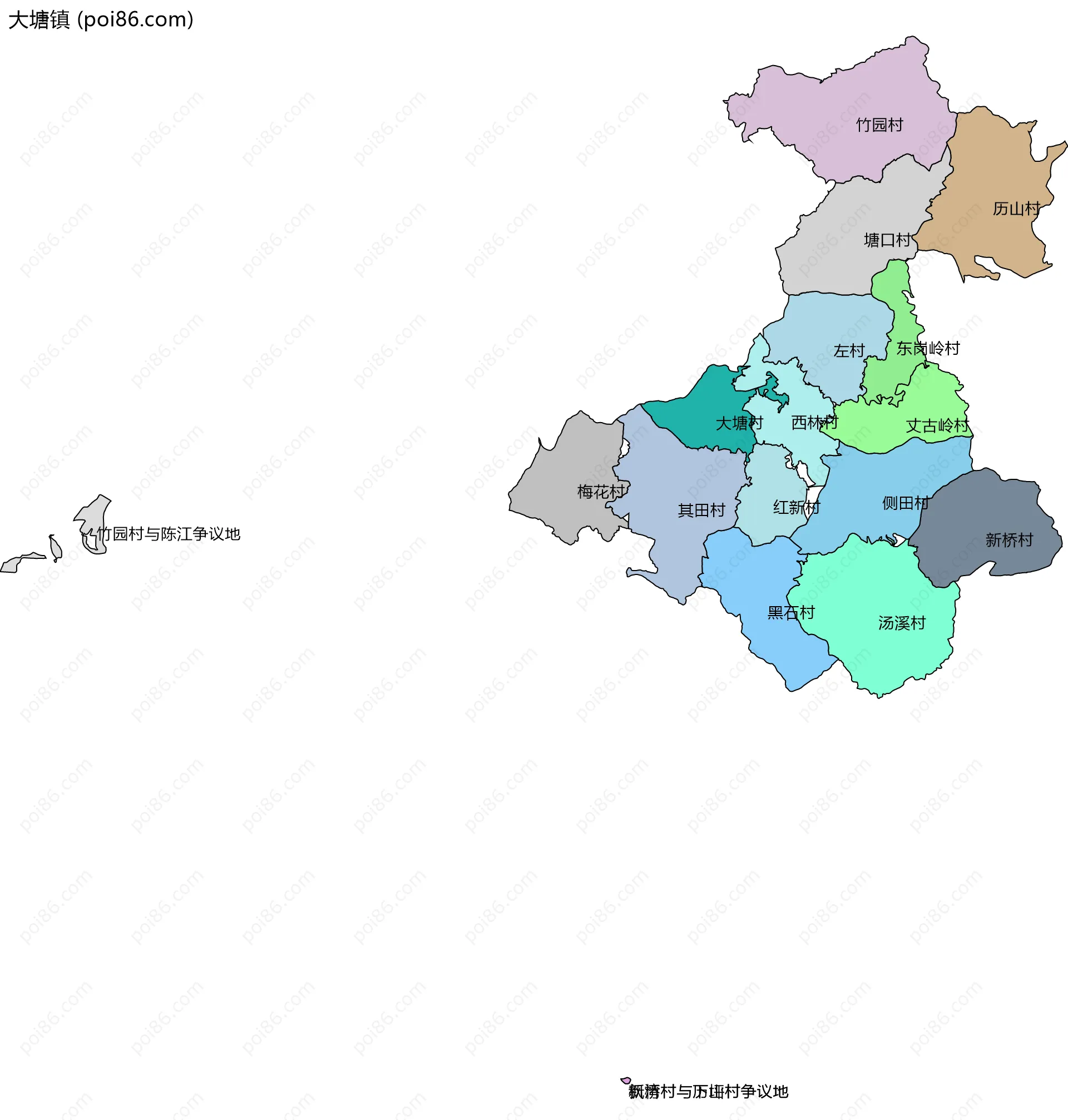 大塘镇边界地图(五级行政区划)