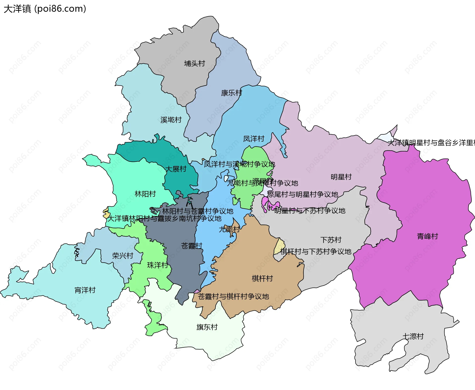大洋镇边界地图(五级行政区划)