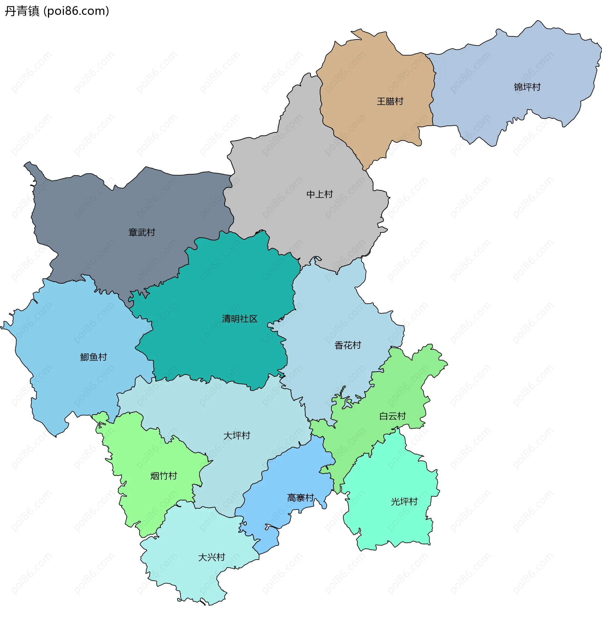 丹青镇边界地图(五级行政区划)