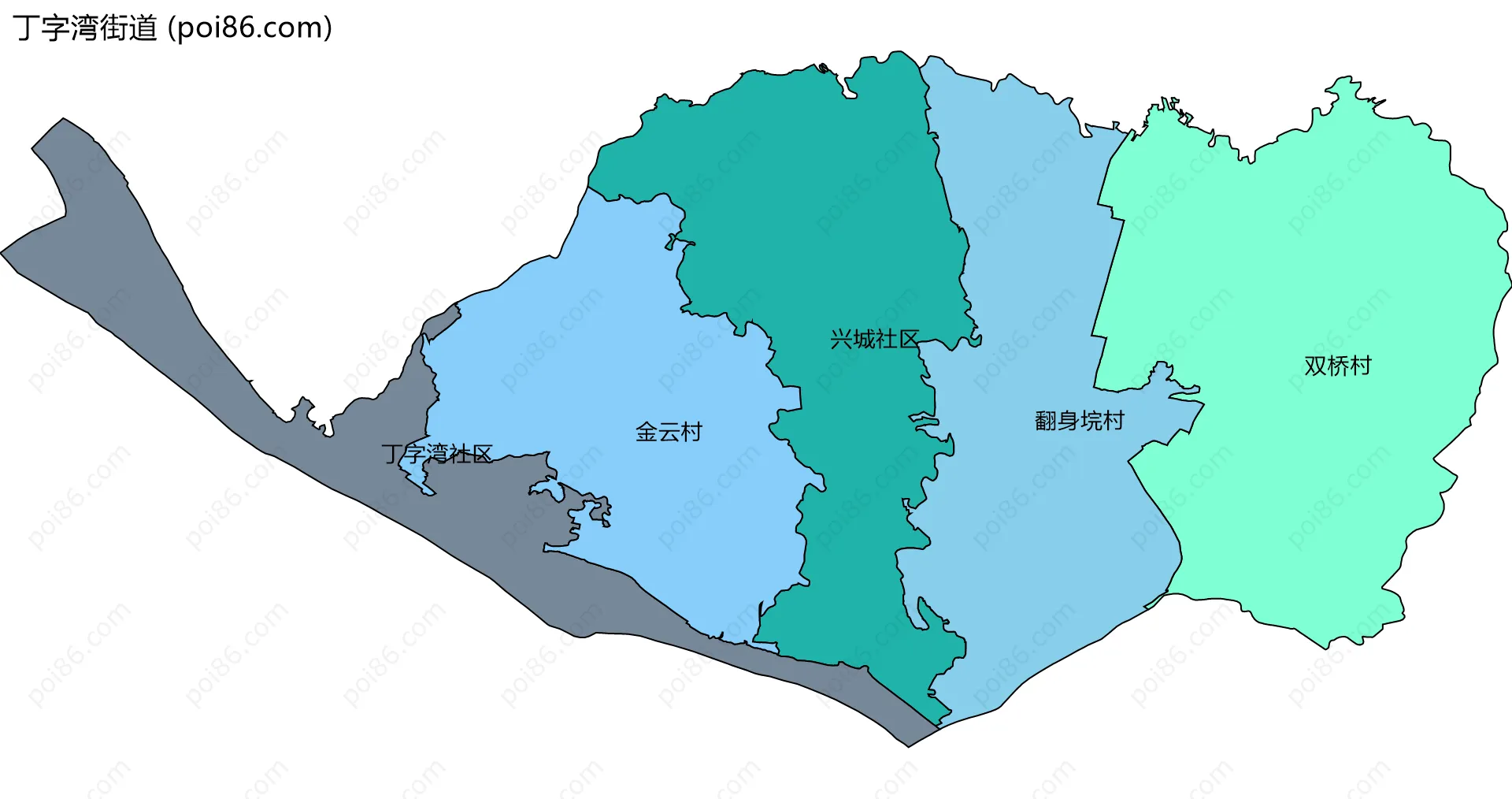 丁字湾街道边界地图(五级行政区划)