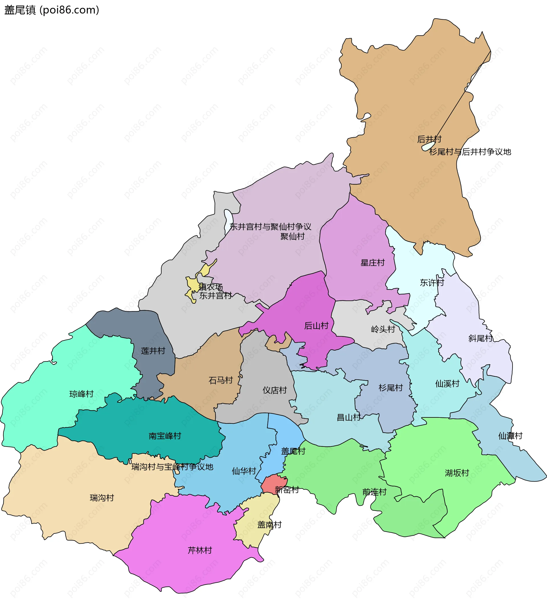 盖尾镇边界地图(五级行政区划)