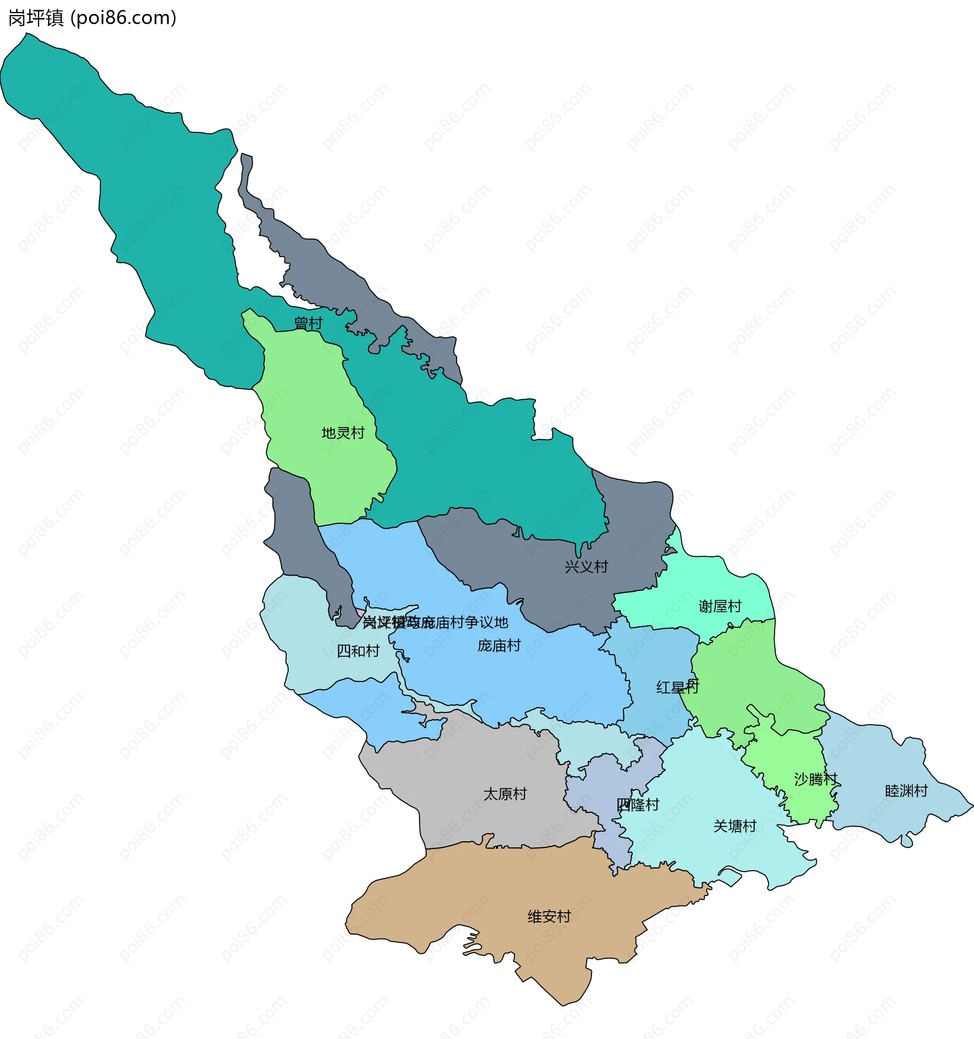 岗坪镇边界地图(五级行政区划)