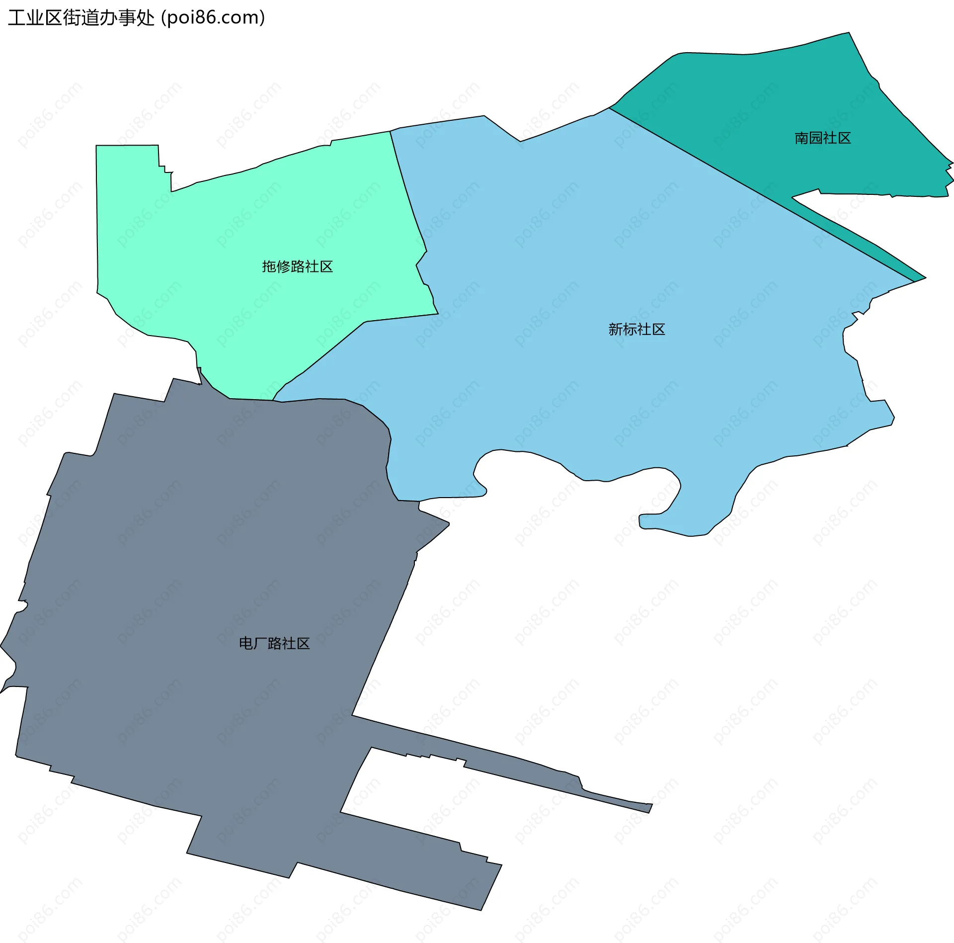 工业区街道办事处边界地图(五级行政区划)