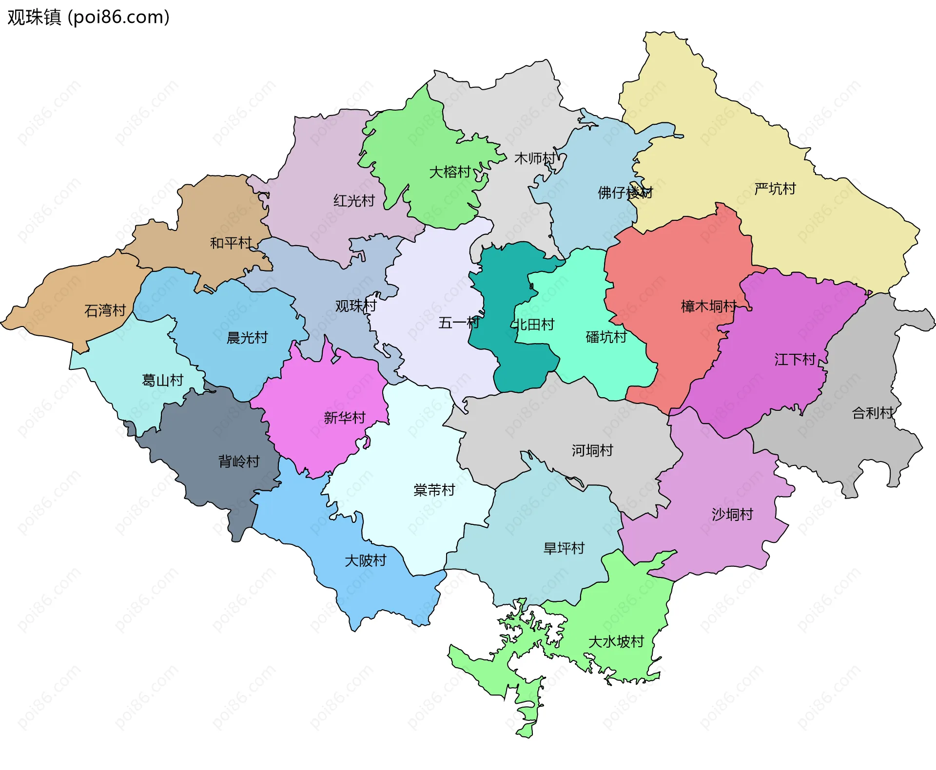 观珠镇边界地图(五级行政区划)