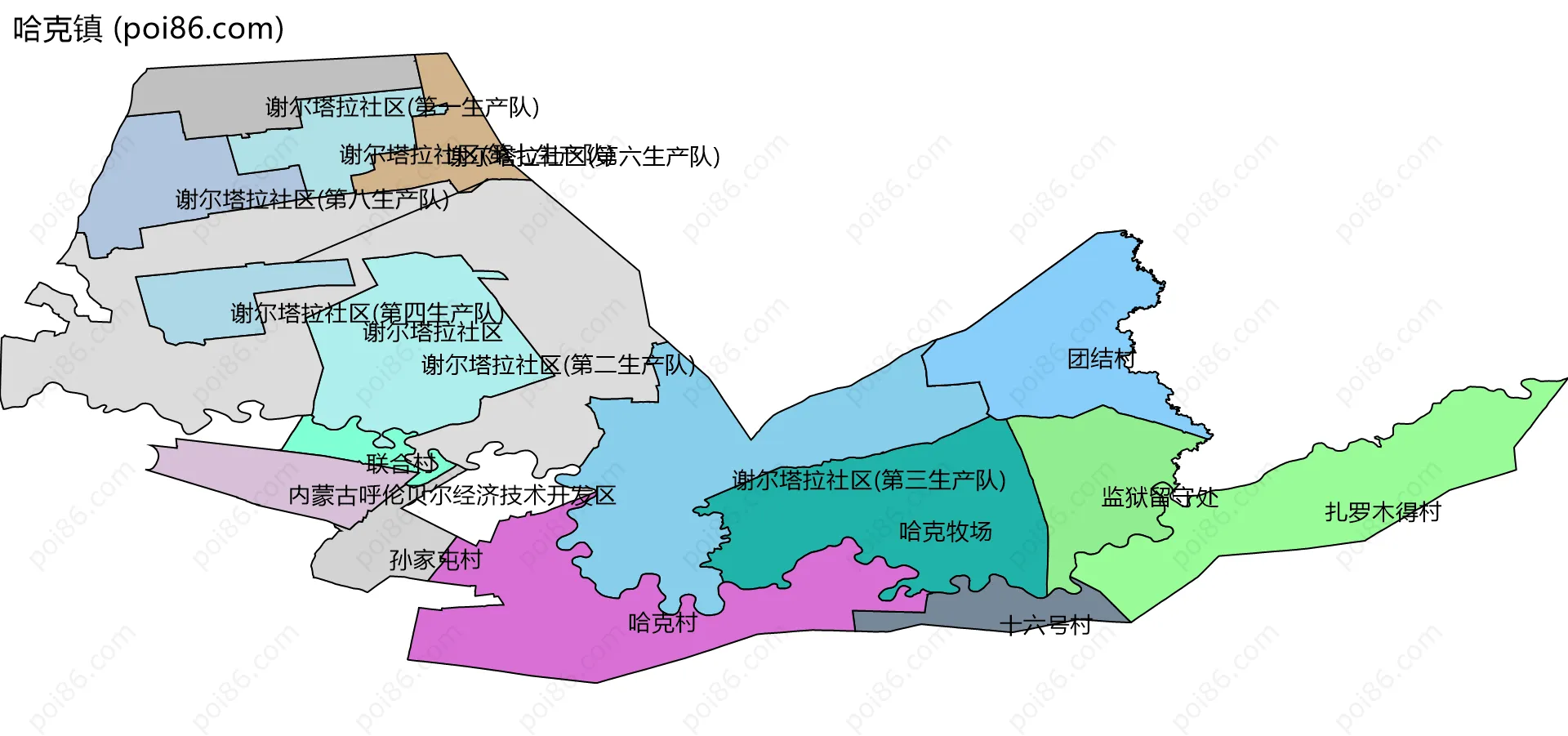 哈克镇边界地图(五级行政区划)