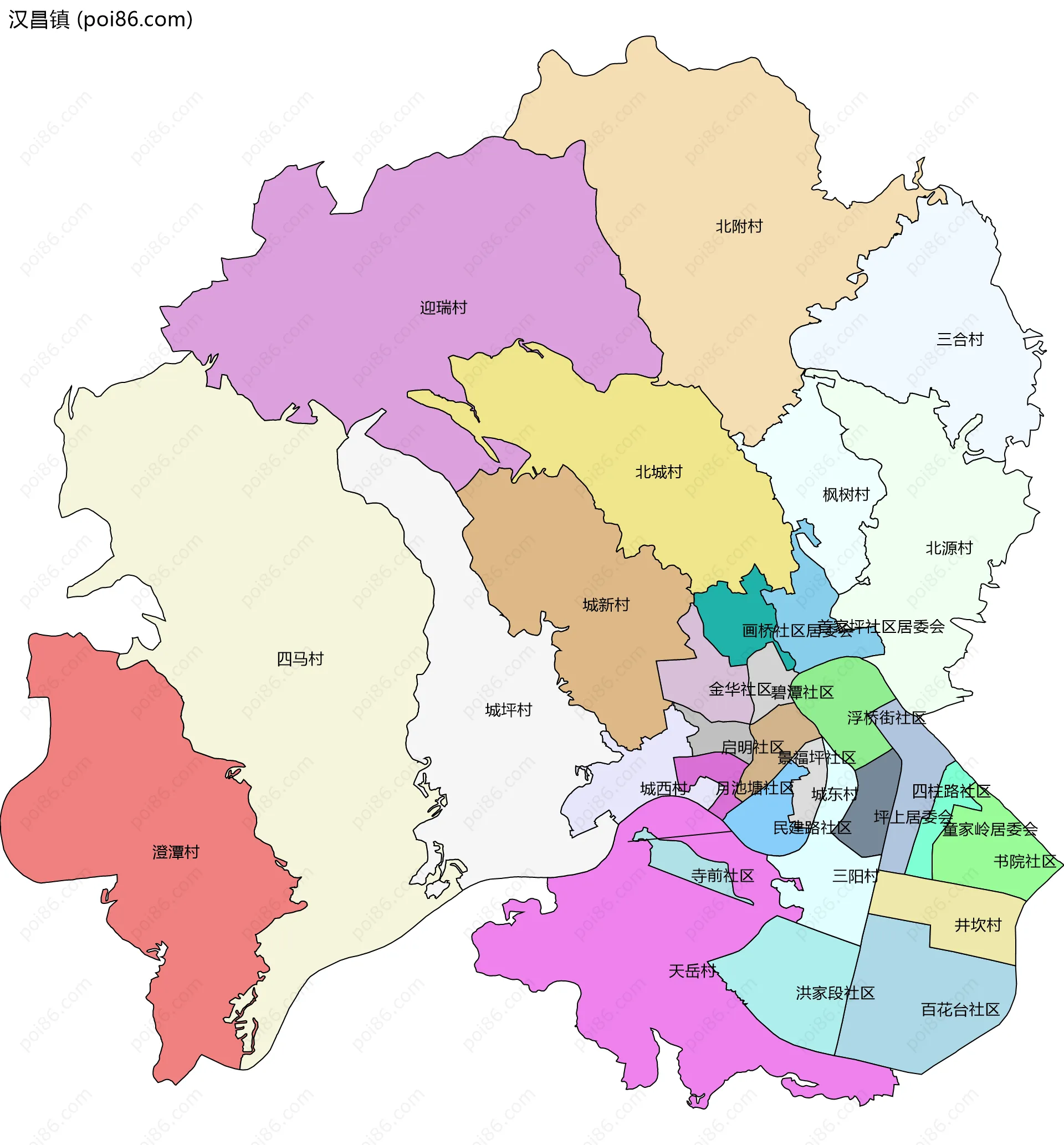 汉昌镇边界地图(五级行政区划)