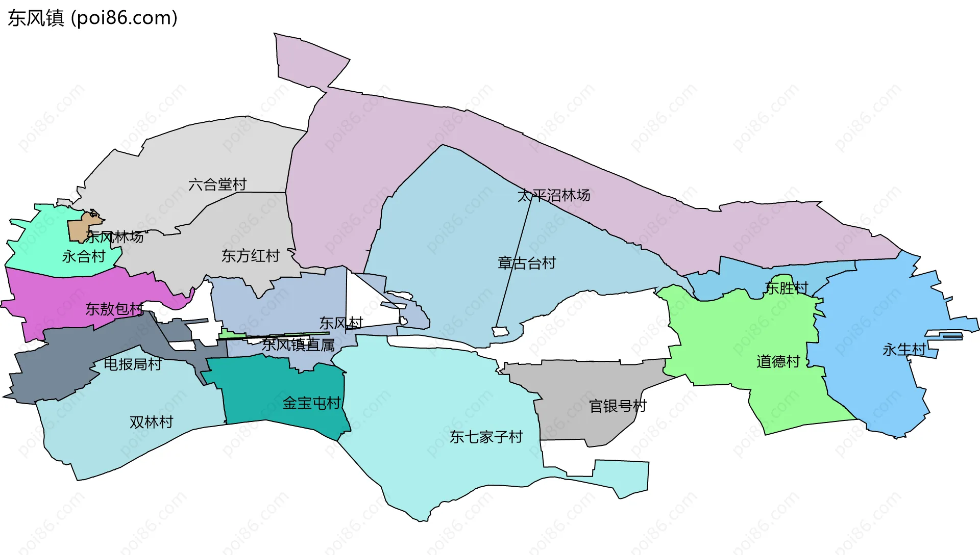 东风镇边界地图(五级行政区划)