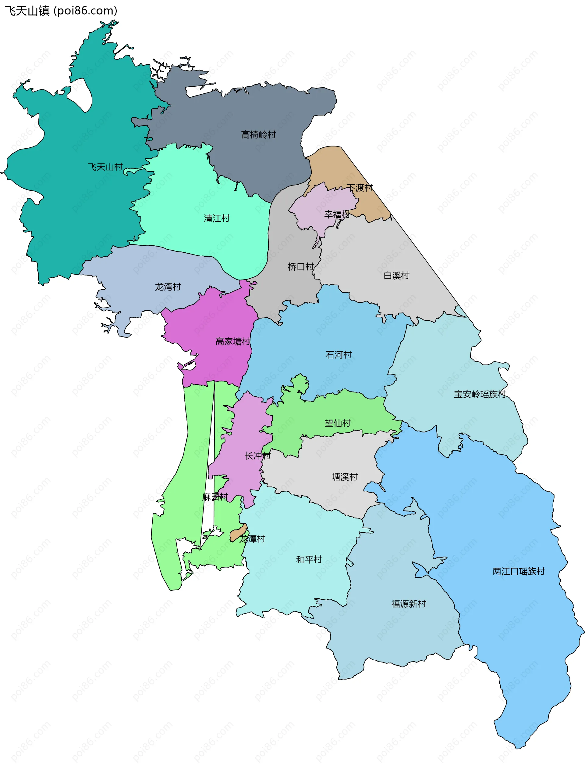 飞天山镇边界地图(五级行政区划)