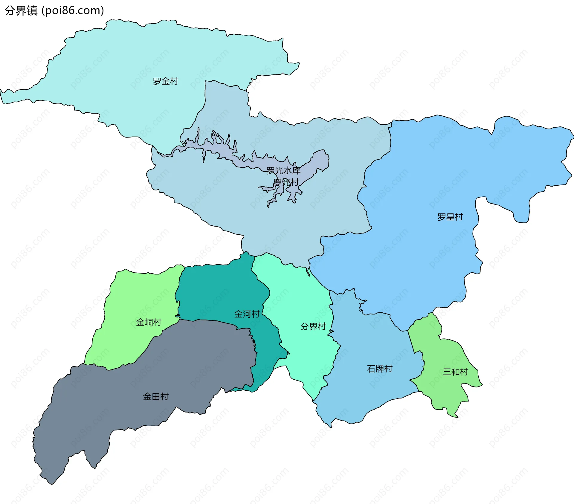 分界镇边界地图(五级行政区划)