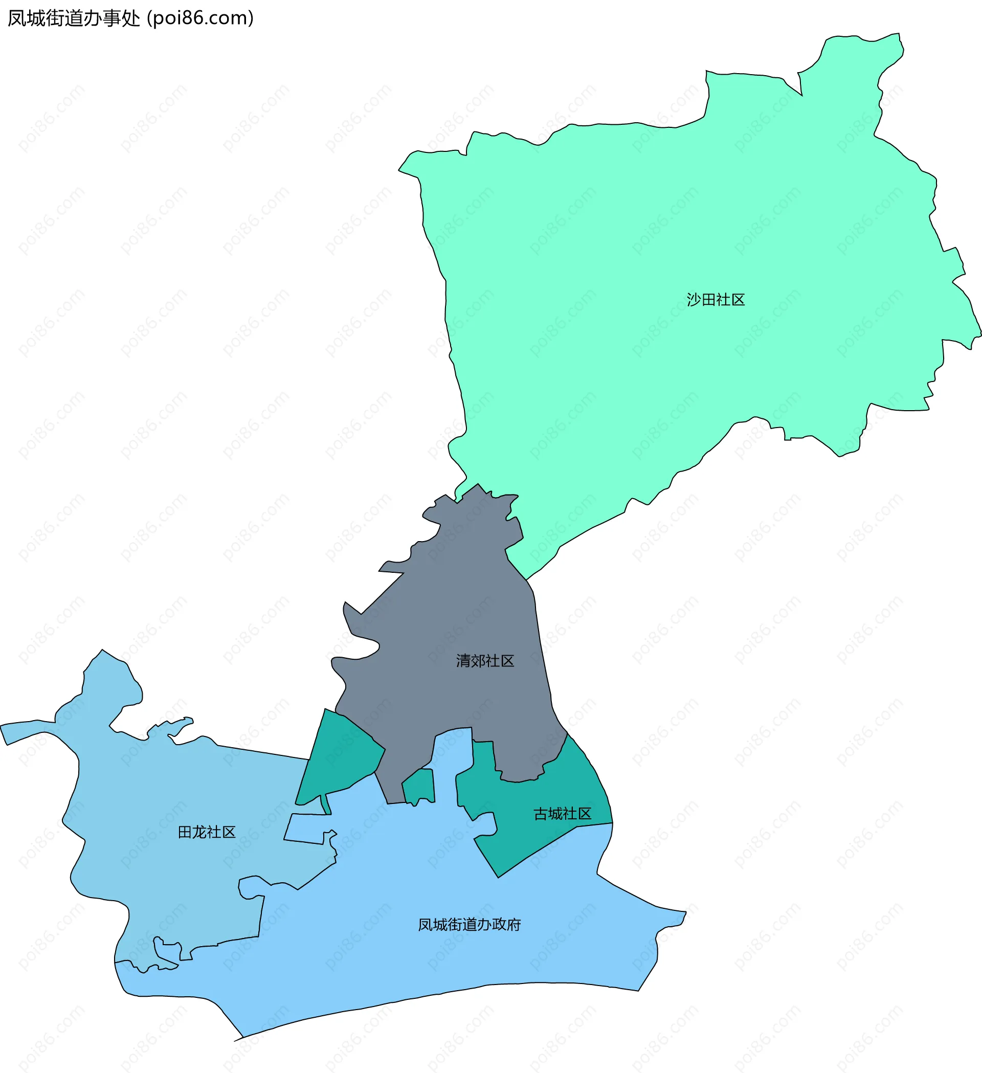 凤城街道办事处边界地图(五级行政区划)
