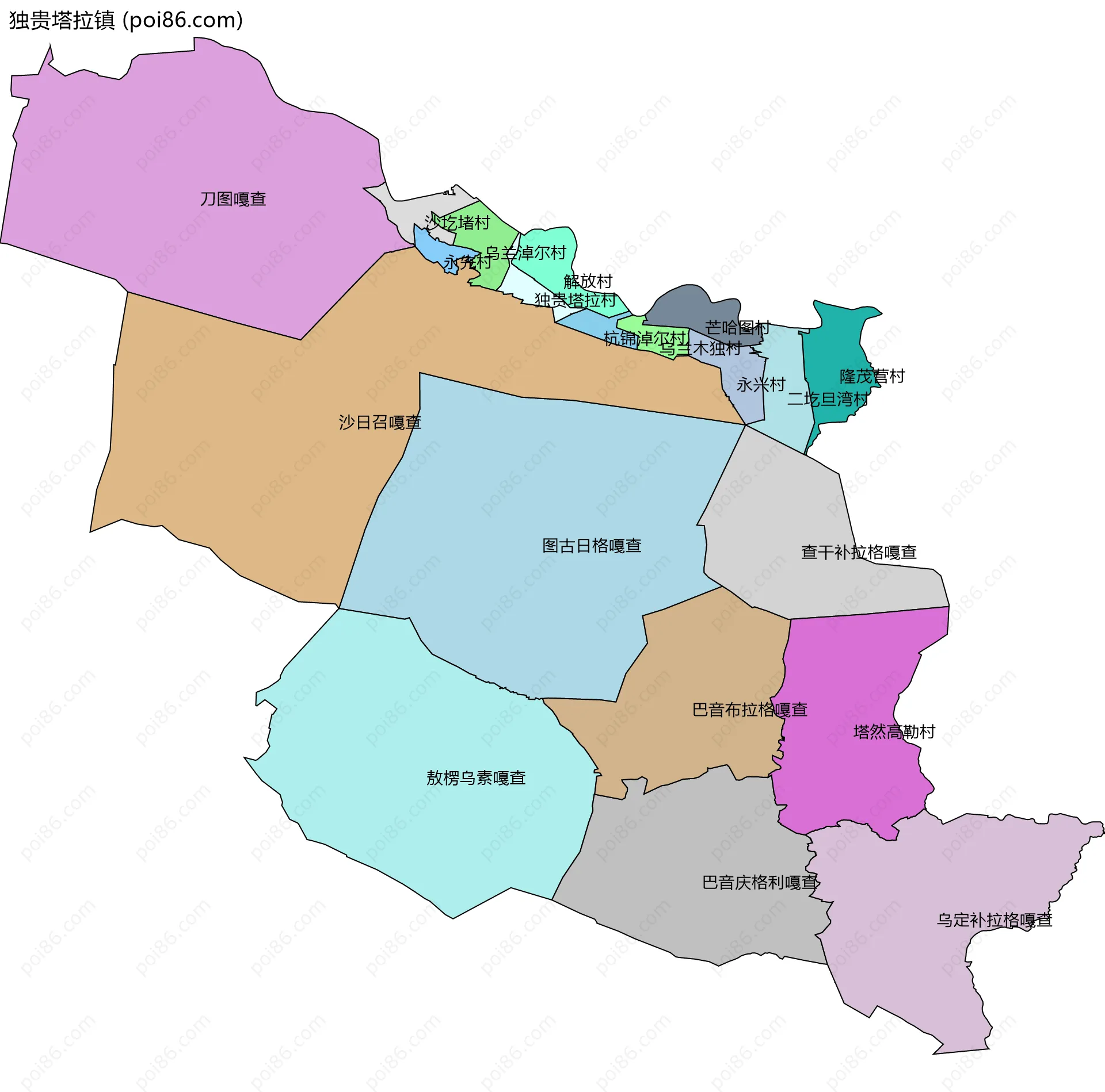独贵塔拉镇边界地图(五级行政区划)