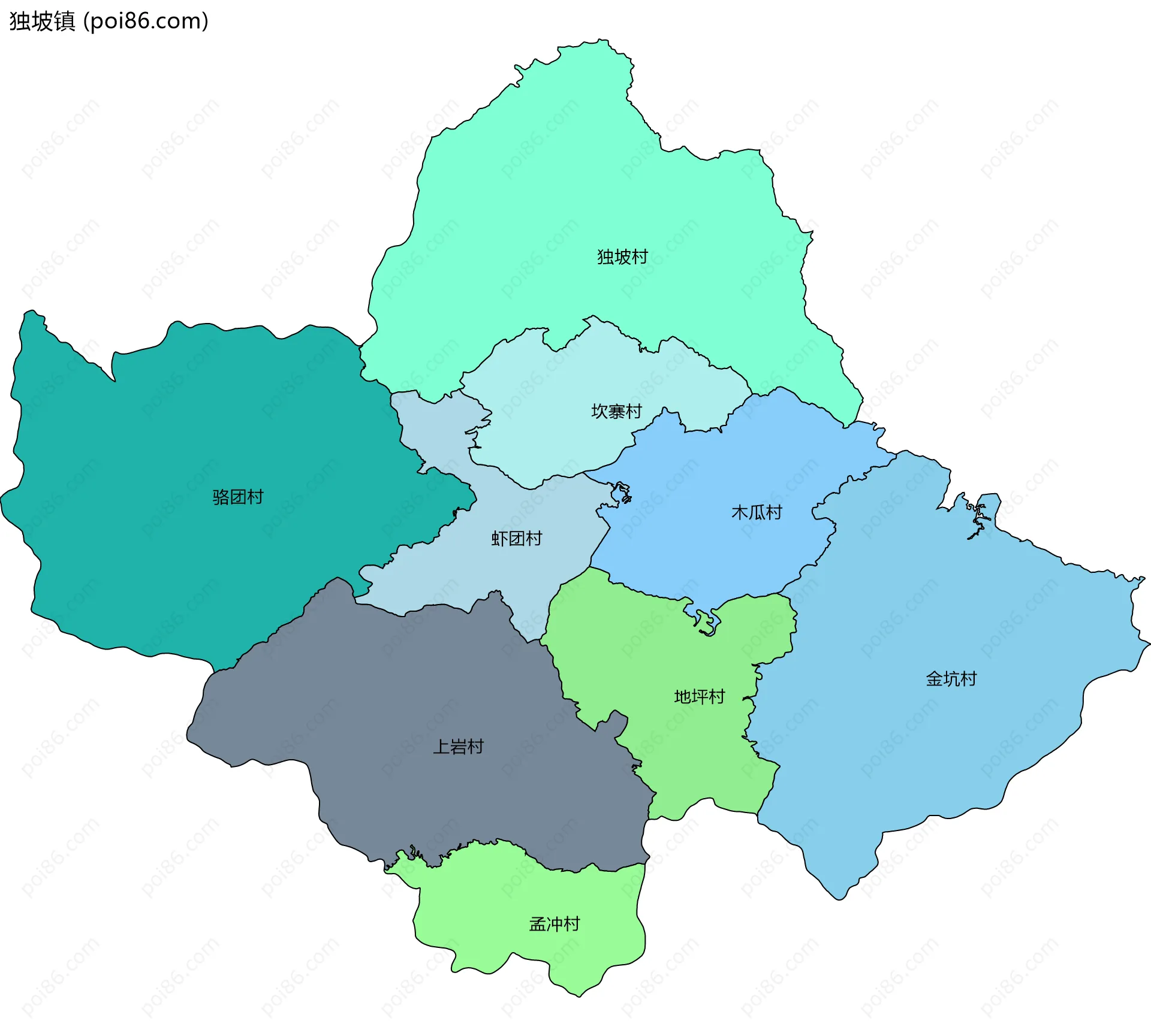 独坡镇边界地图(五级行政区划)