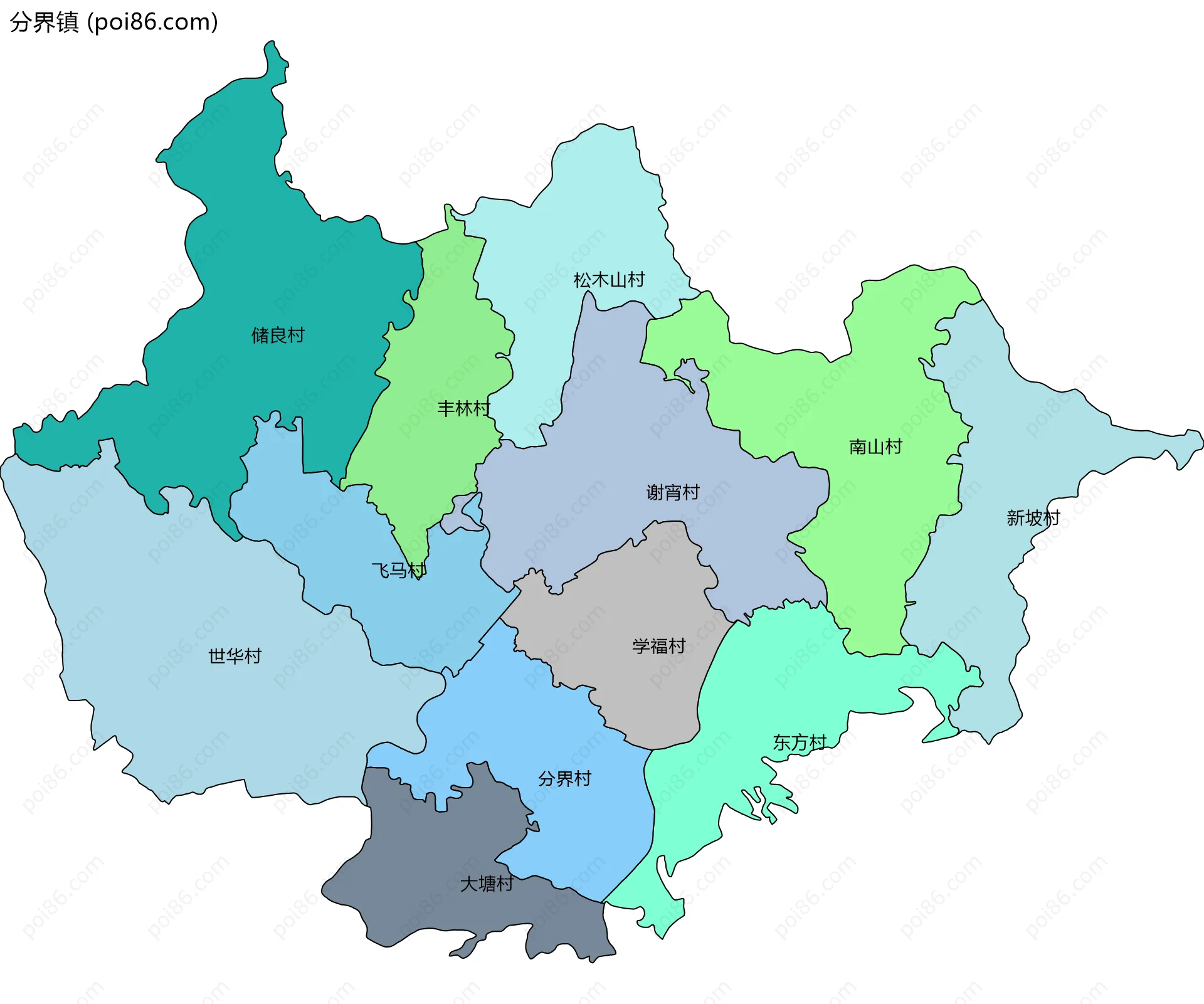 分界镇边界地图(五级行政区划)