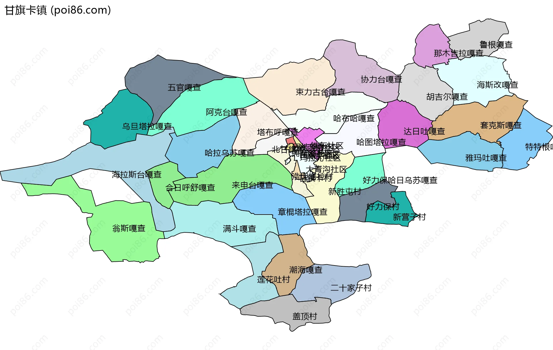 甘旗卡镇边界地图(五级行政区划)