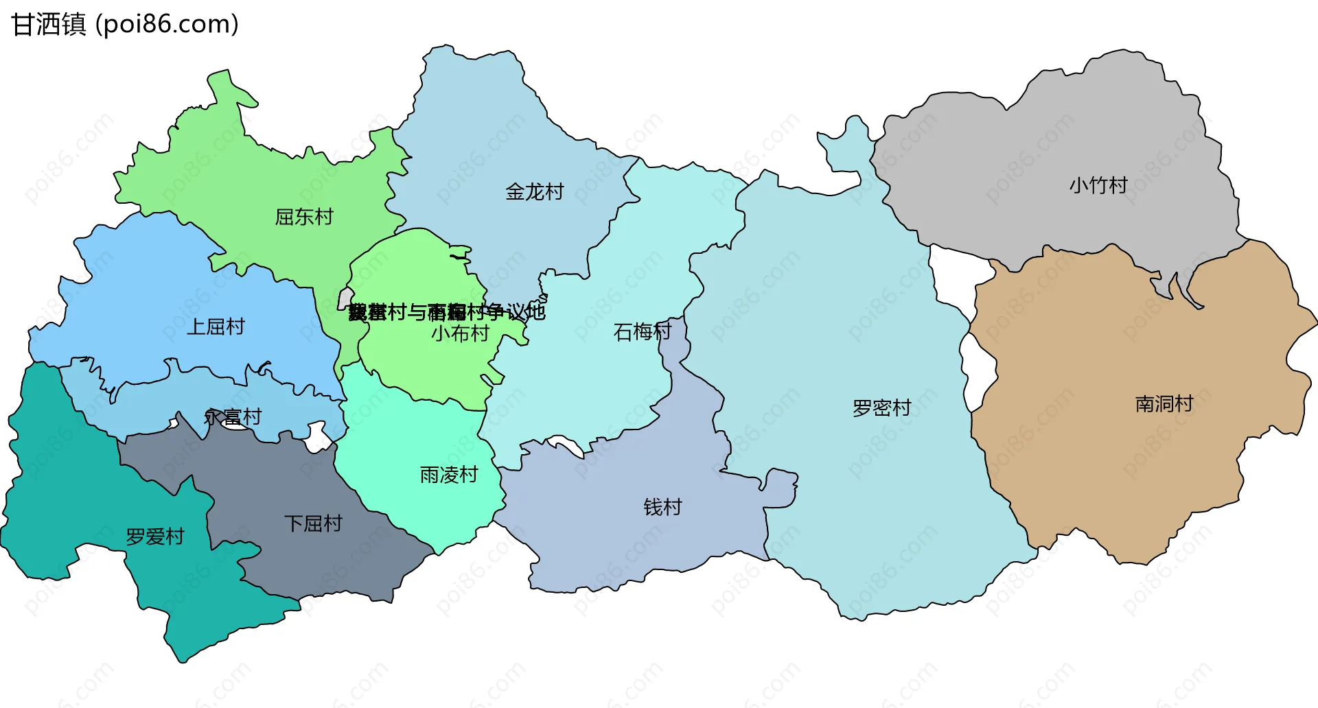 甘洒镇边界地图(五级行政区划)