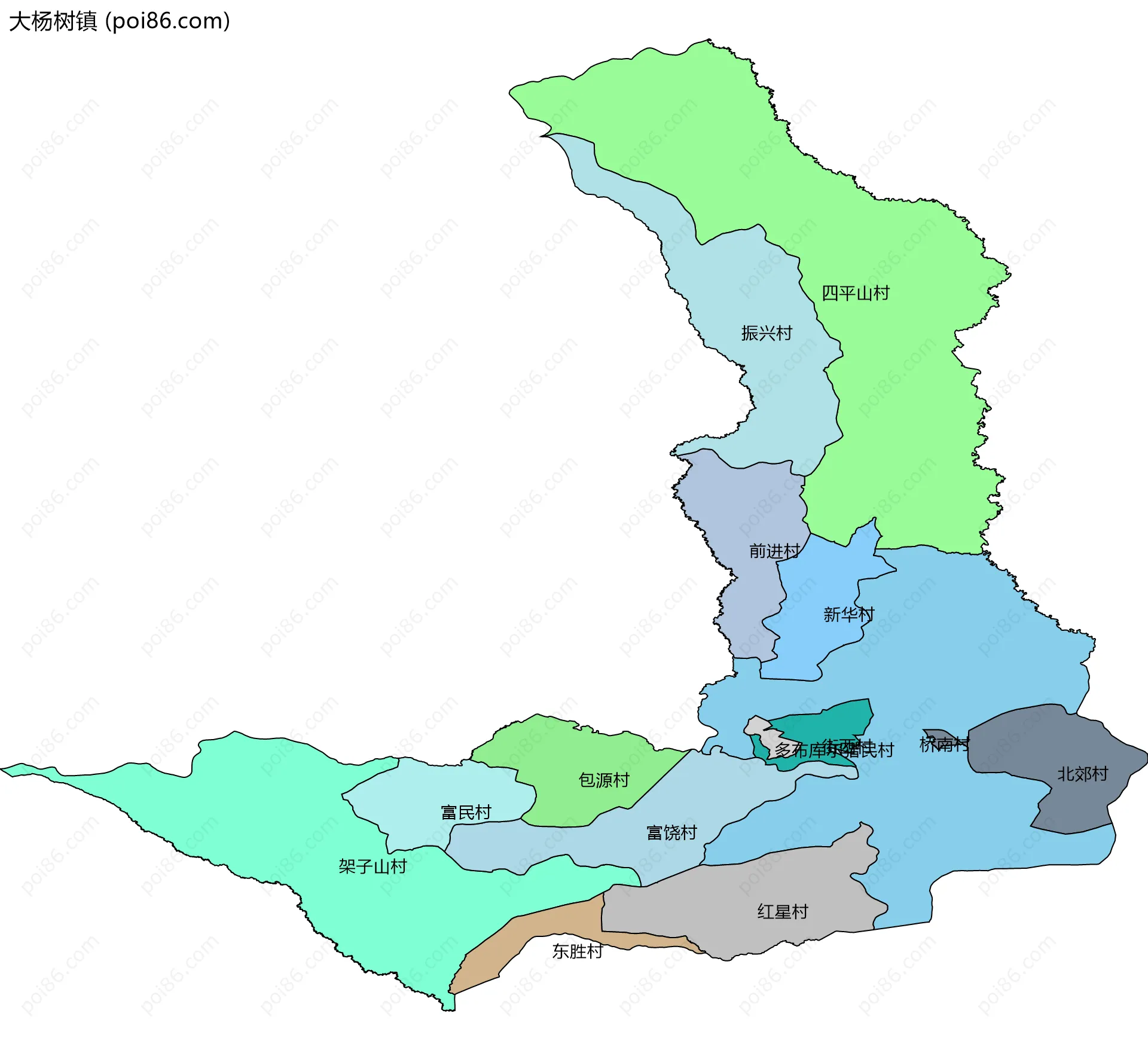 大杨树镇边界地图(五级行政区划)