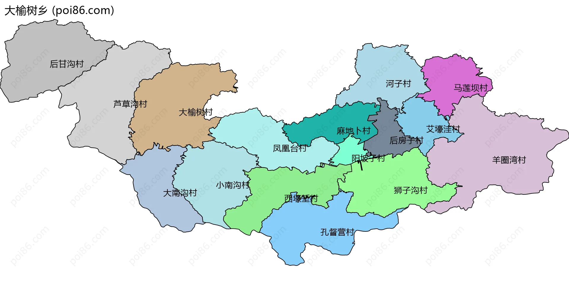 大榆树乡边界地图(五级行政区划)