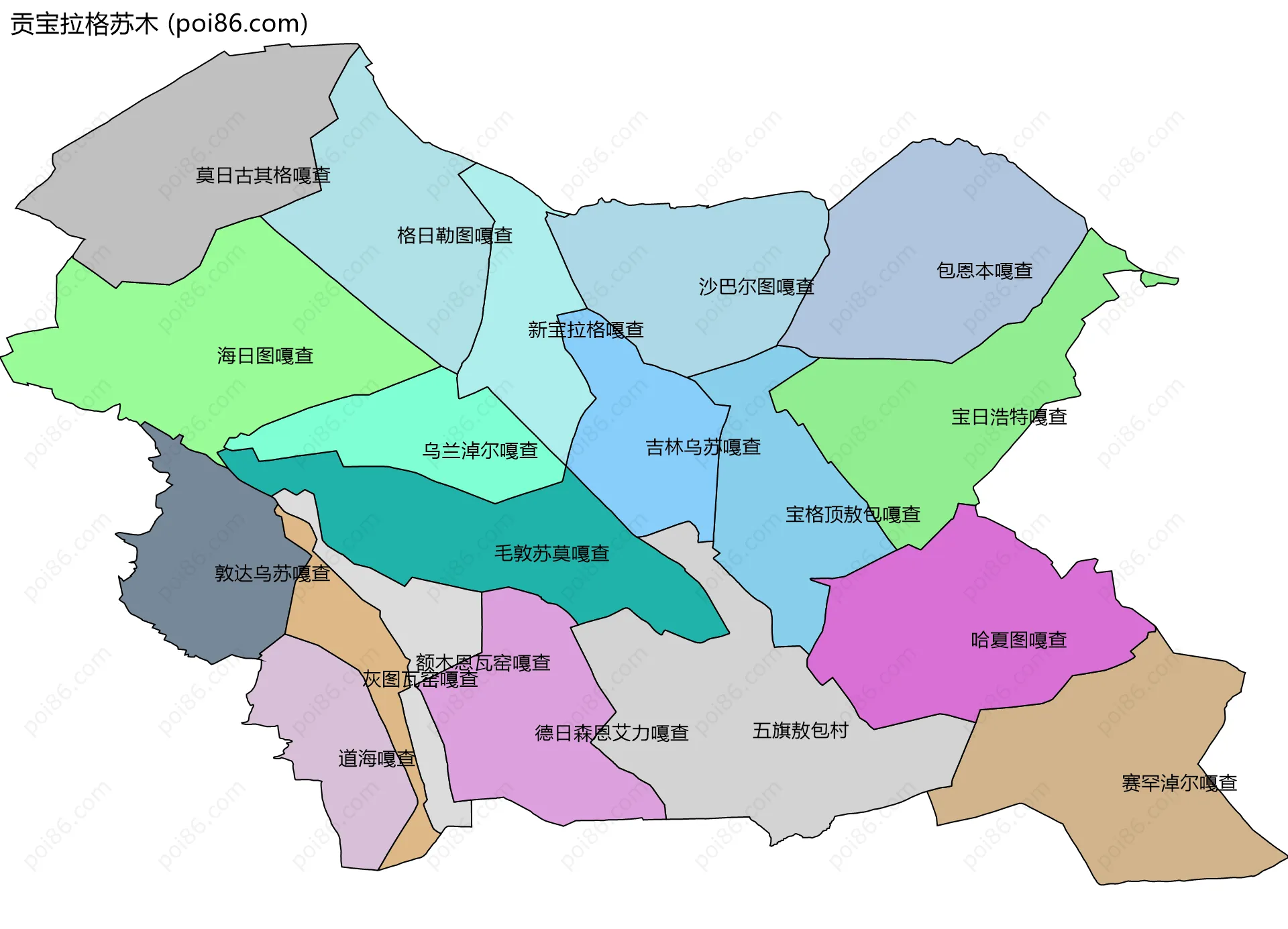 贡宝拉格苏木边界地图(五级行政区划)