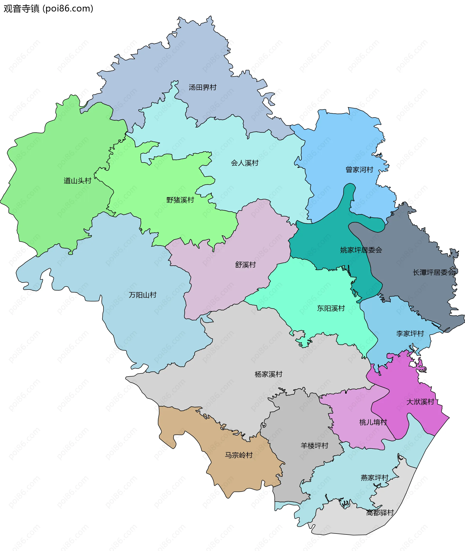 观音寺镇边界地图(五级行政区划)