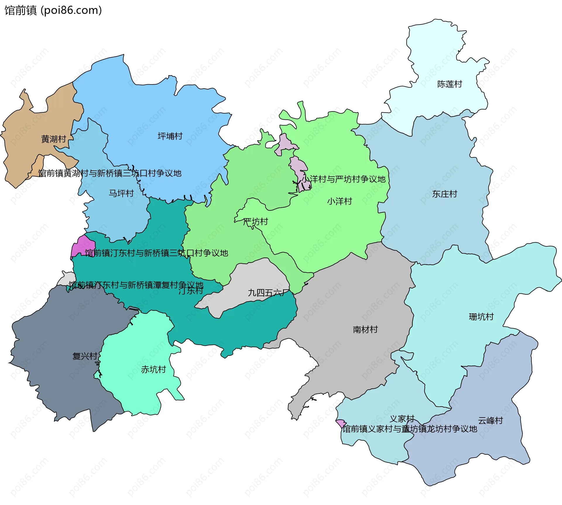 馆前镇边界地图(五级行政区划)