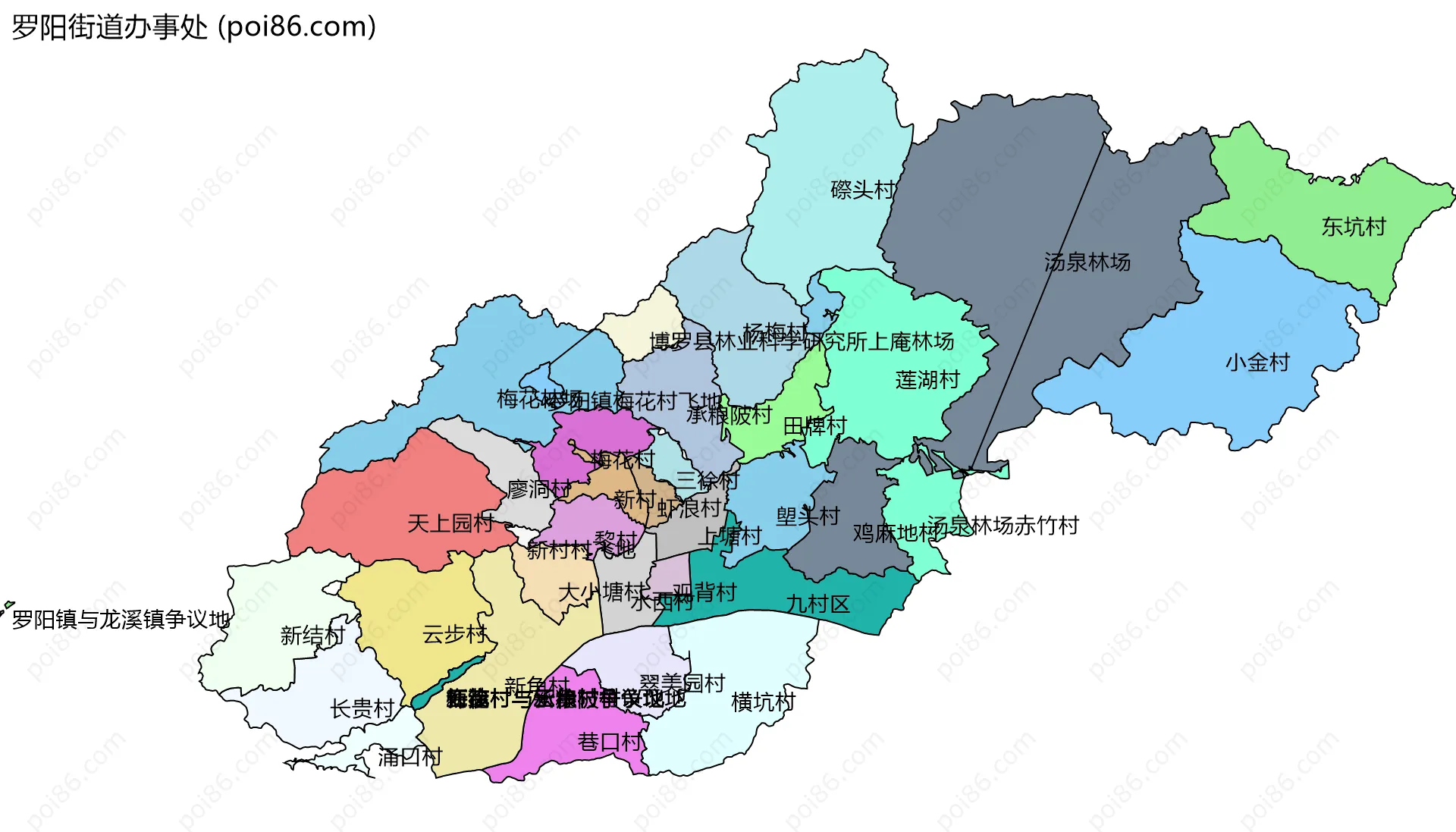 罗阳街道办事处边界地图(五级行政区划)