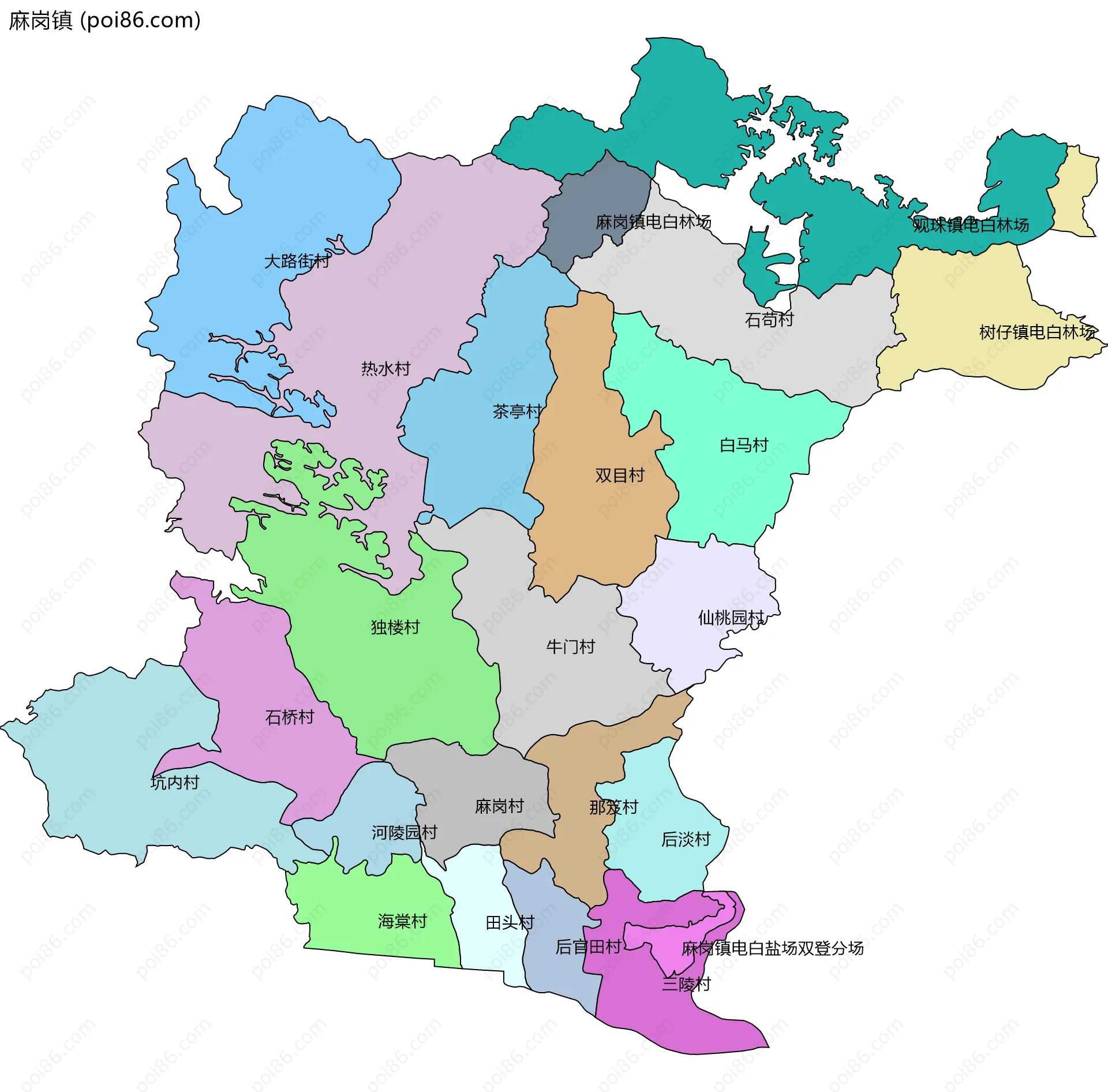 麻岗镇边界地图(五级行政区划)