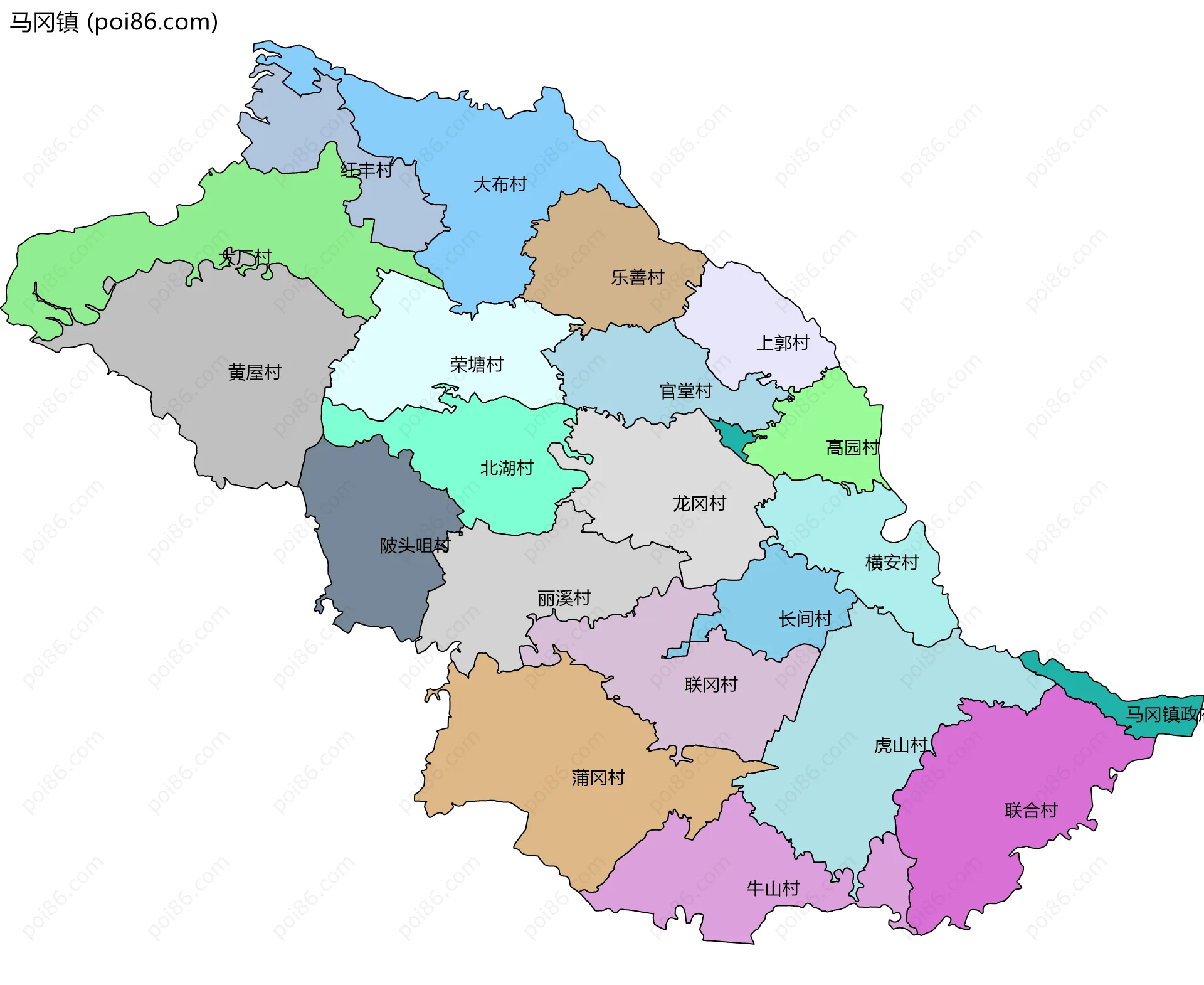 马冈镇边界地图(五级行政区划)