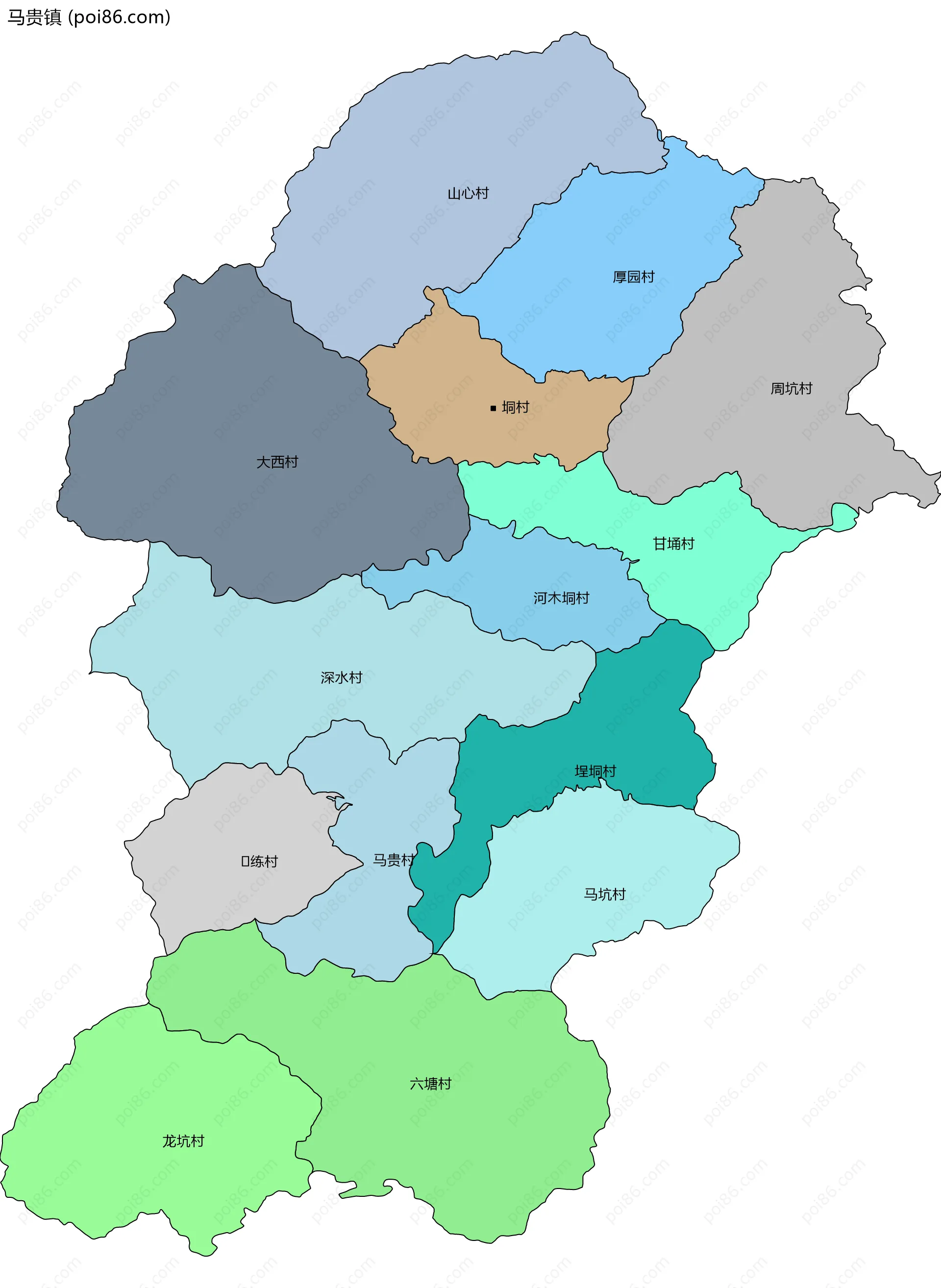 马贵镇边界地图(五级行政区划)