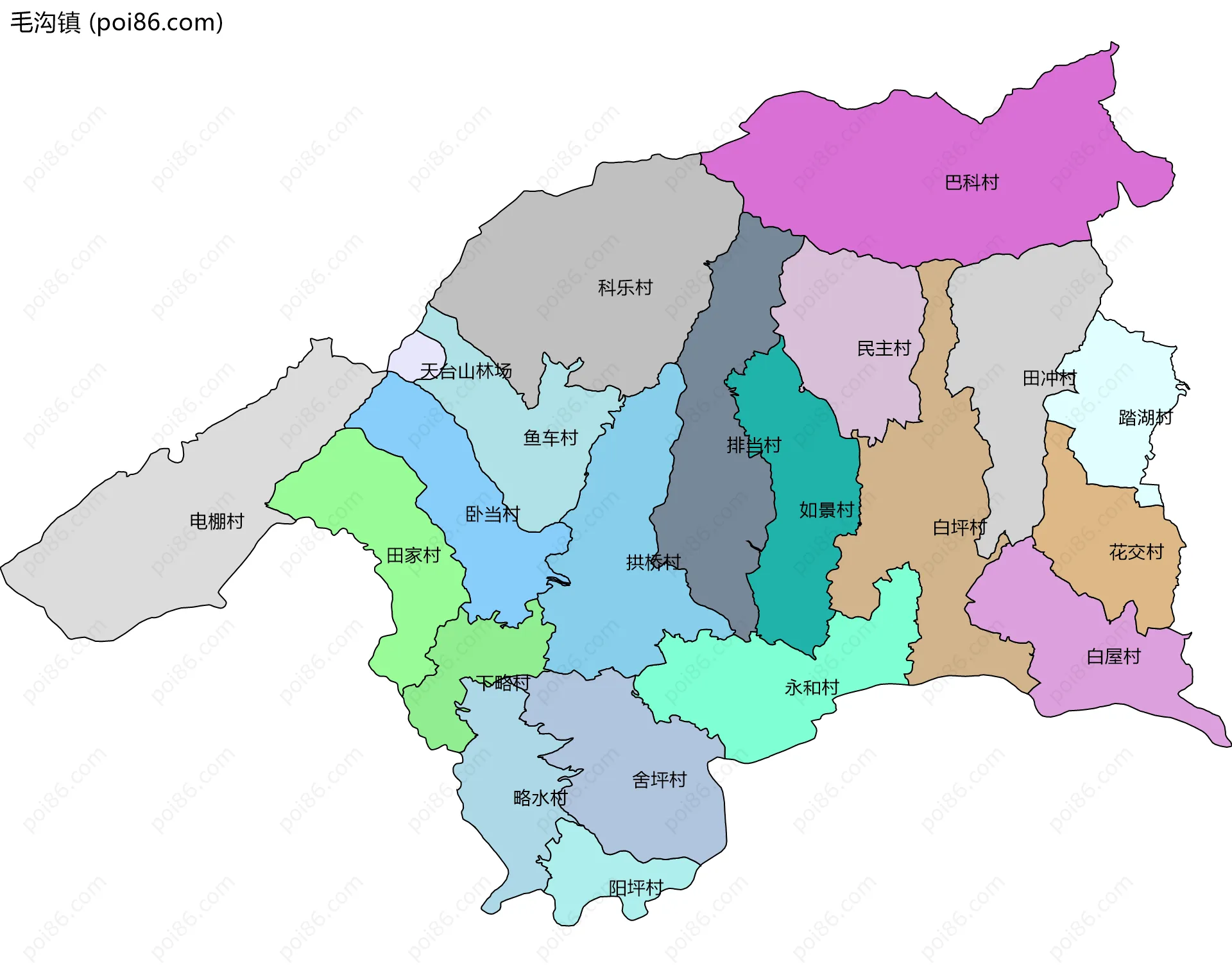 毛沟镇边界地图(五级行政区划)