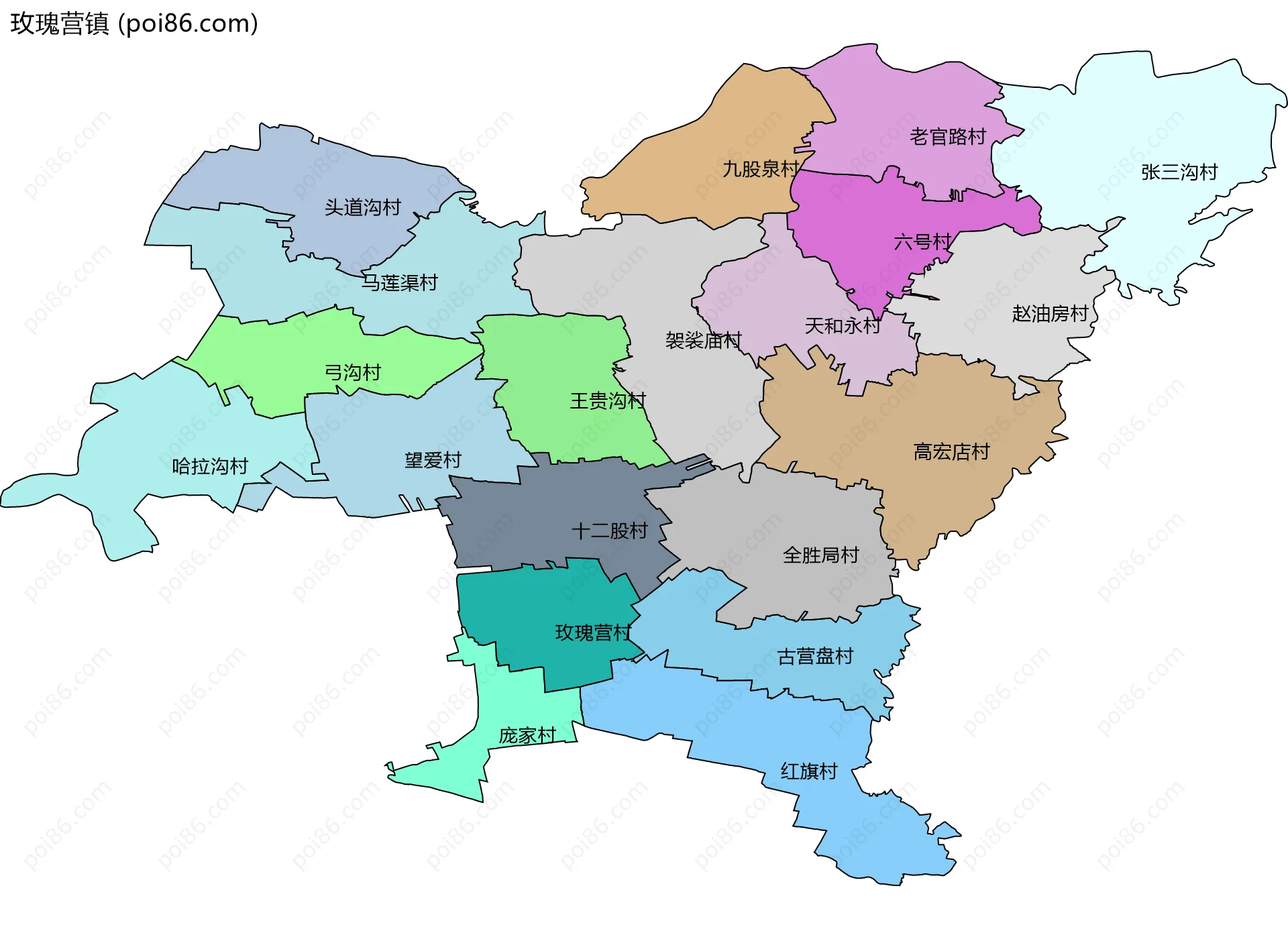 玫瑰营镇边界地图(五级行政区划)