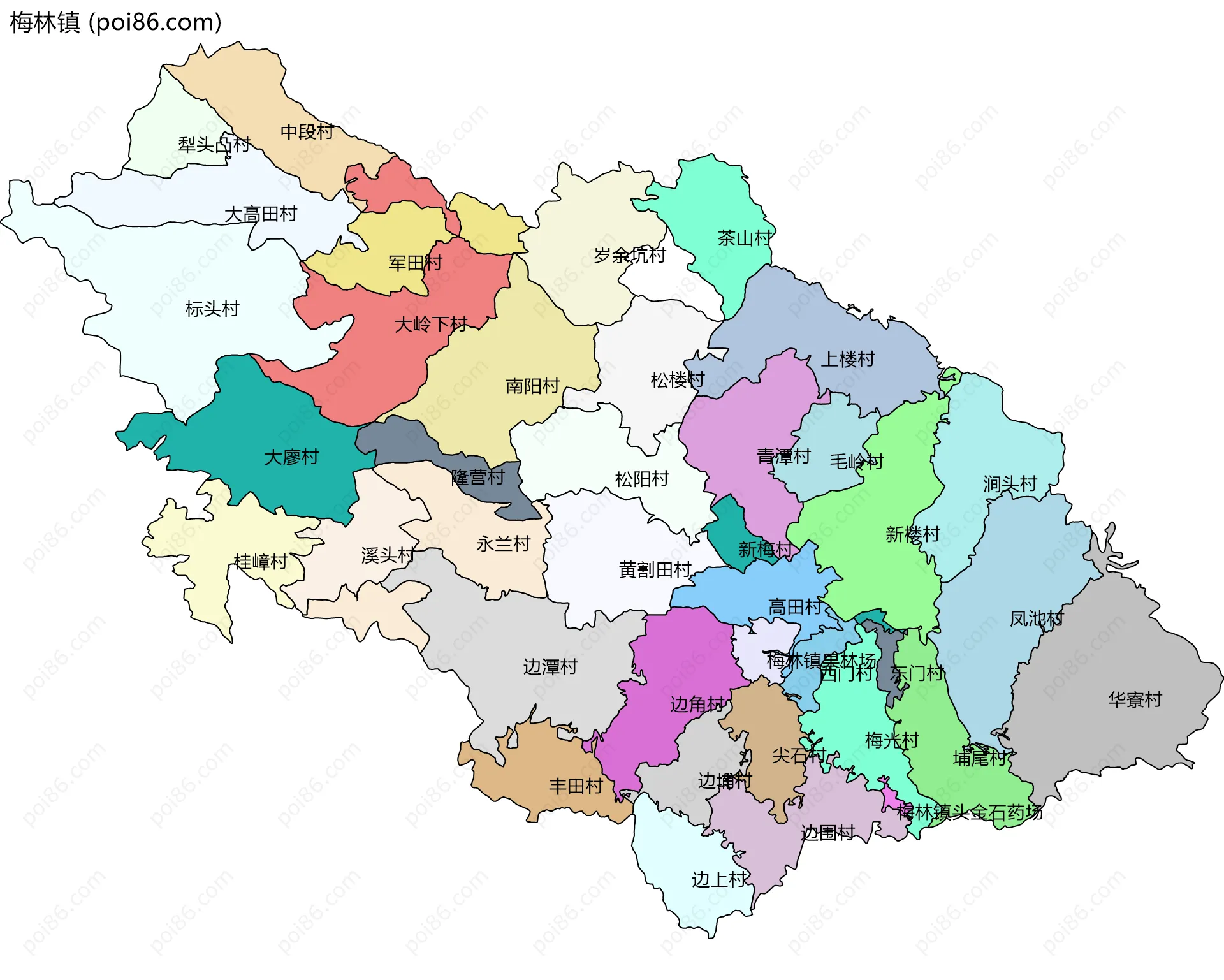 梅林镇边界地图(五级行政区划)