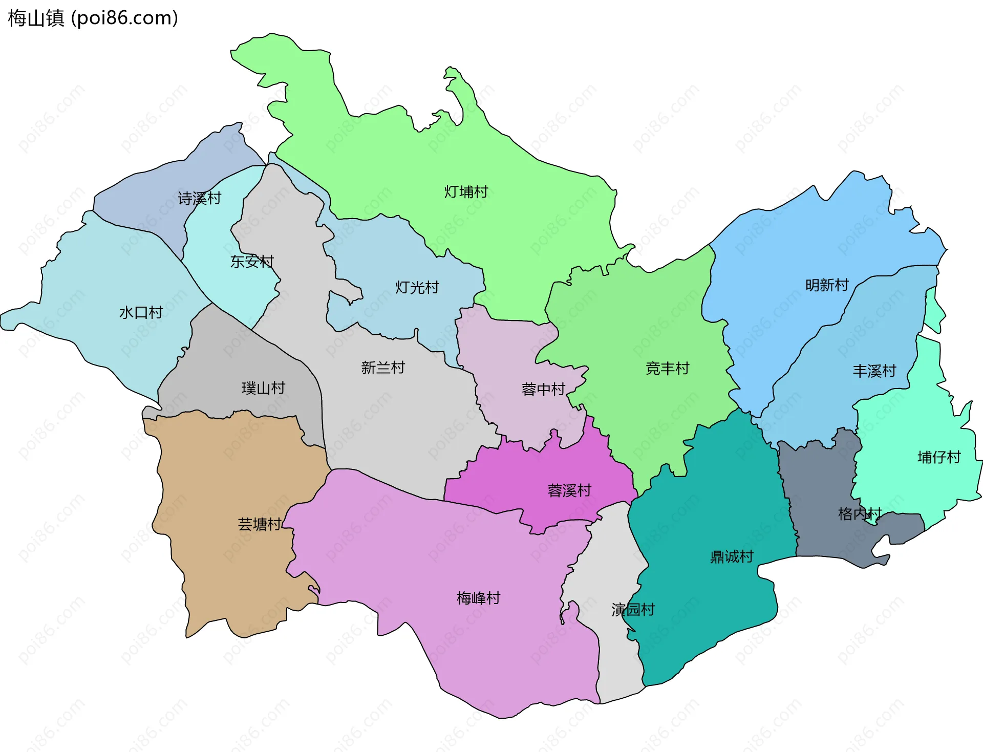 梅山镇边界地图(五级行政区划)