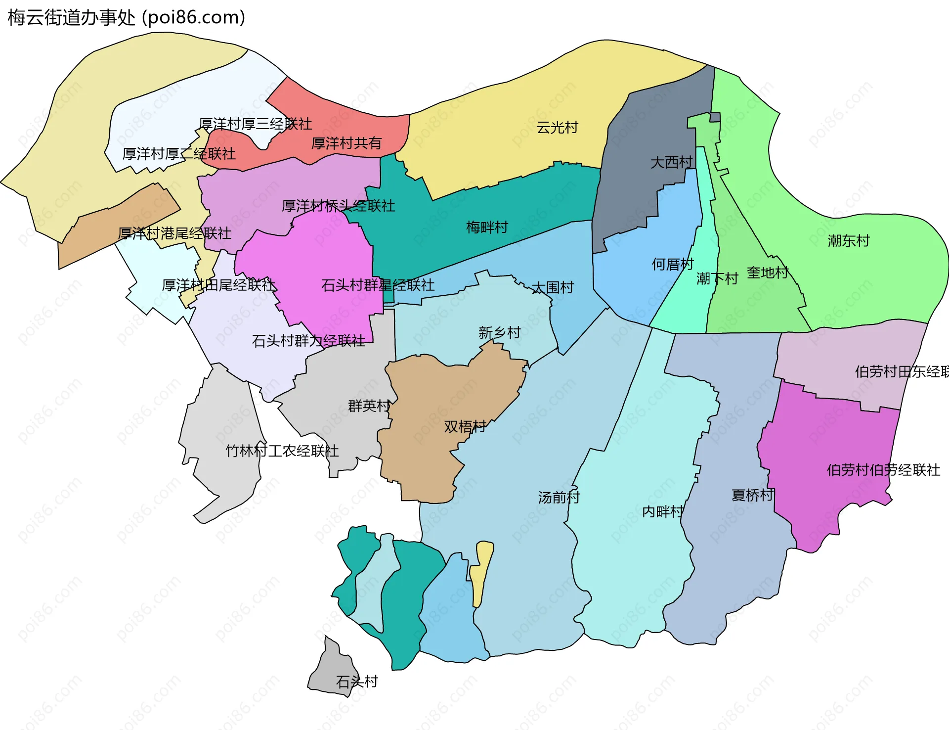 梅云街道办事处边界地图(五级行政区划)