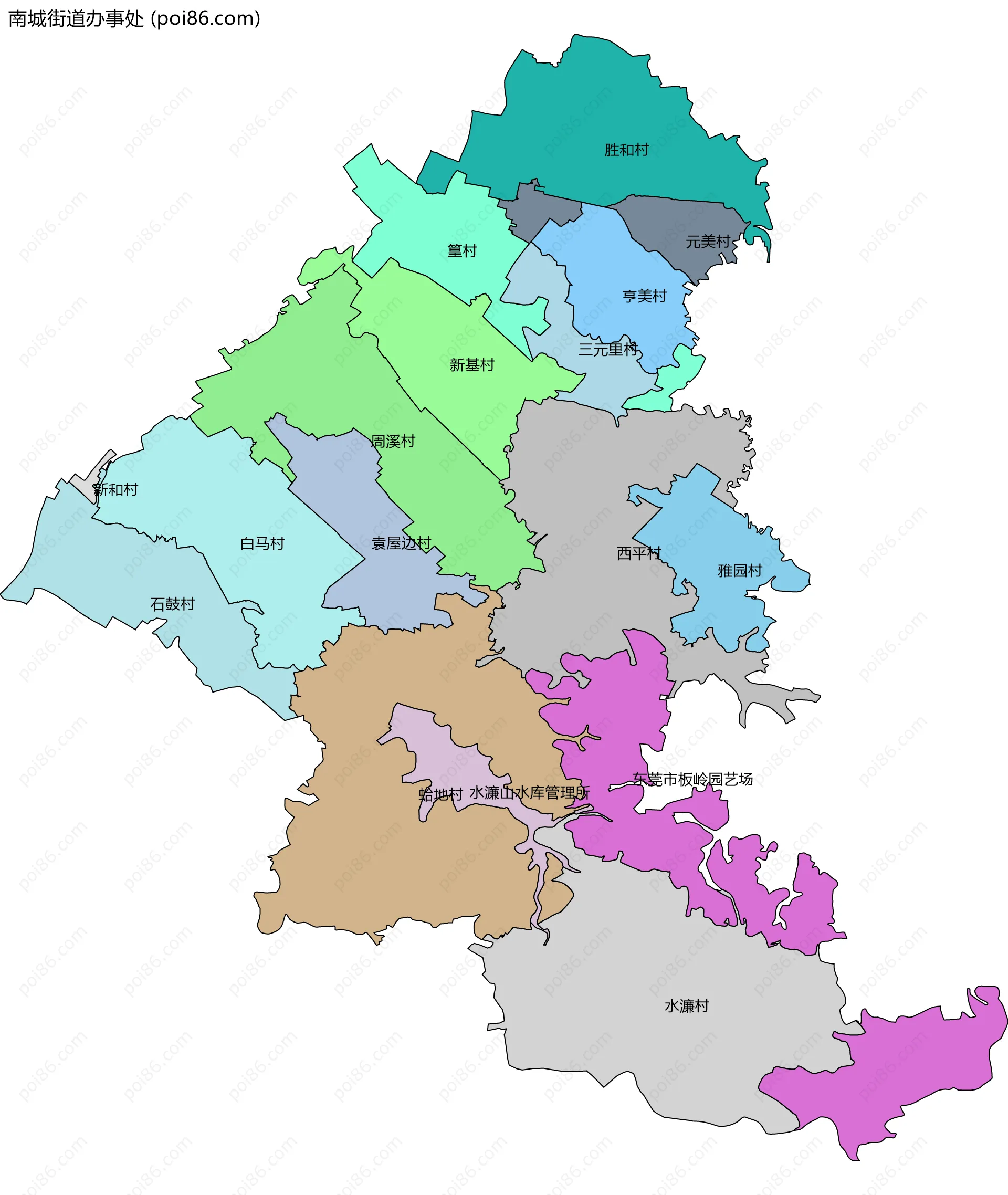 南城街道办事处边界地图(五级行政区划)