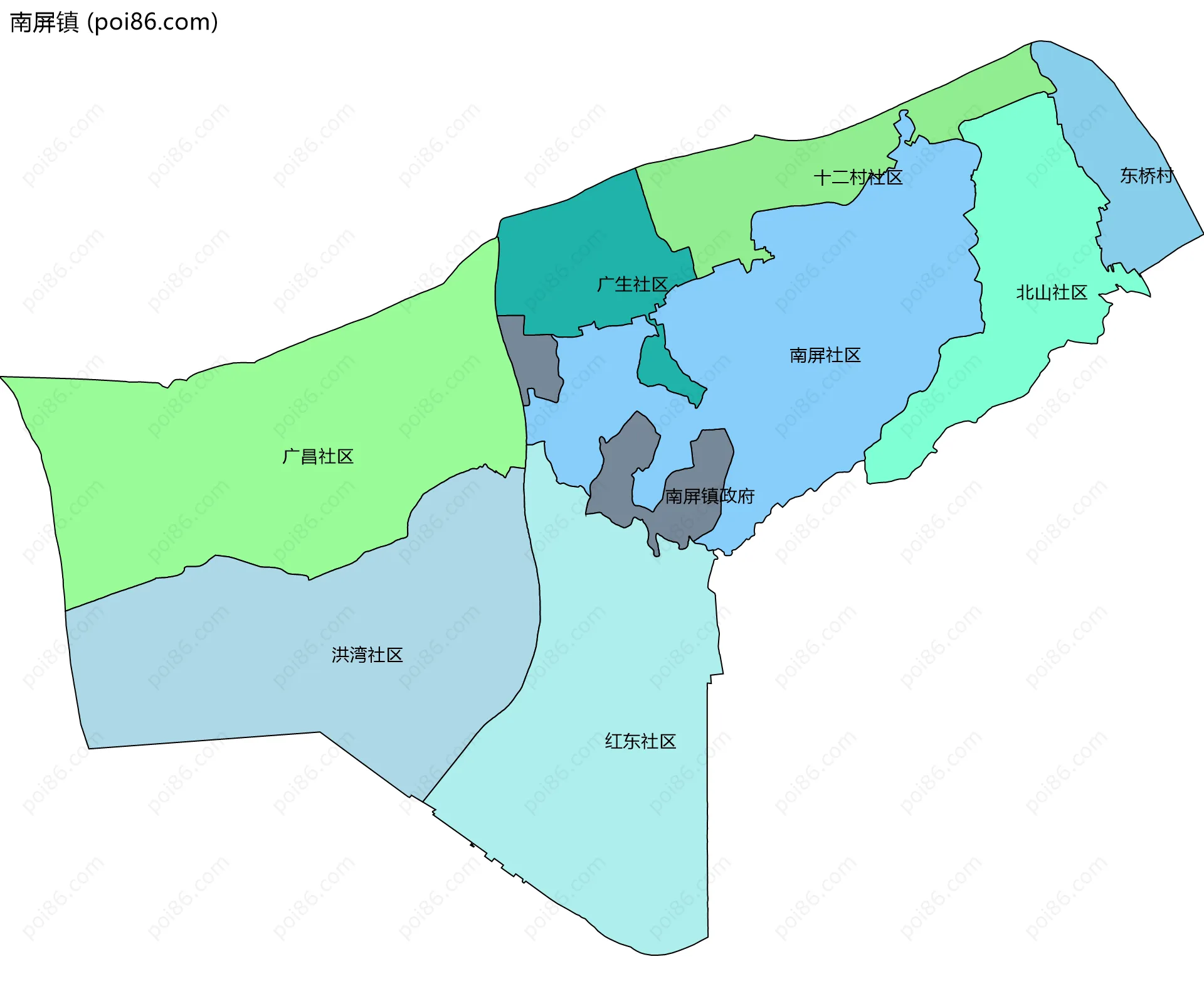 南屏镇边界地图(五级行政区划)