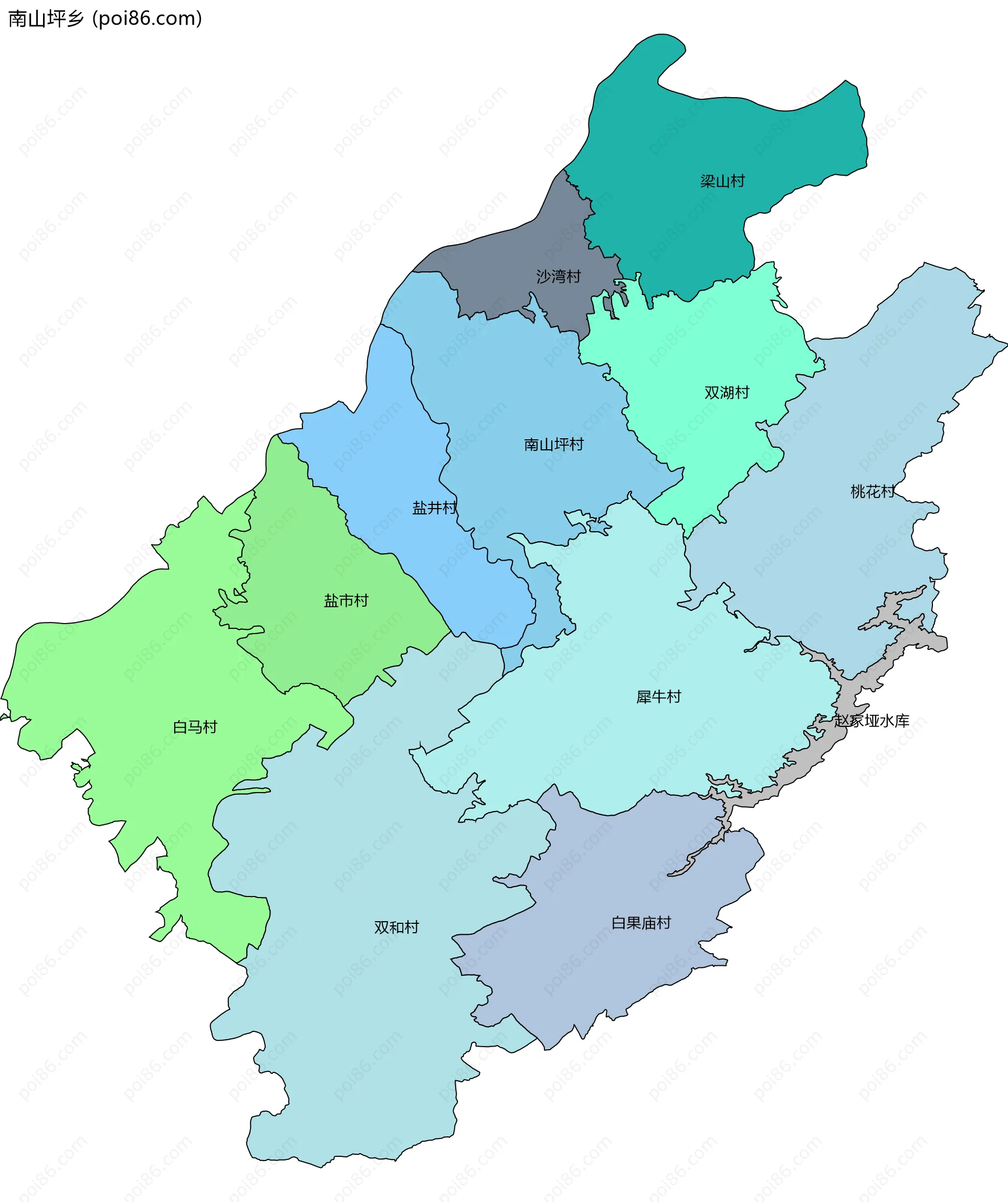 南山坪乡边界地图(五级行政区划)