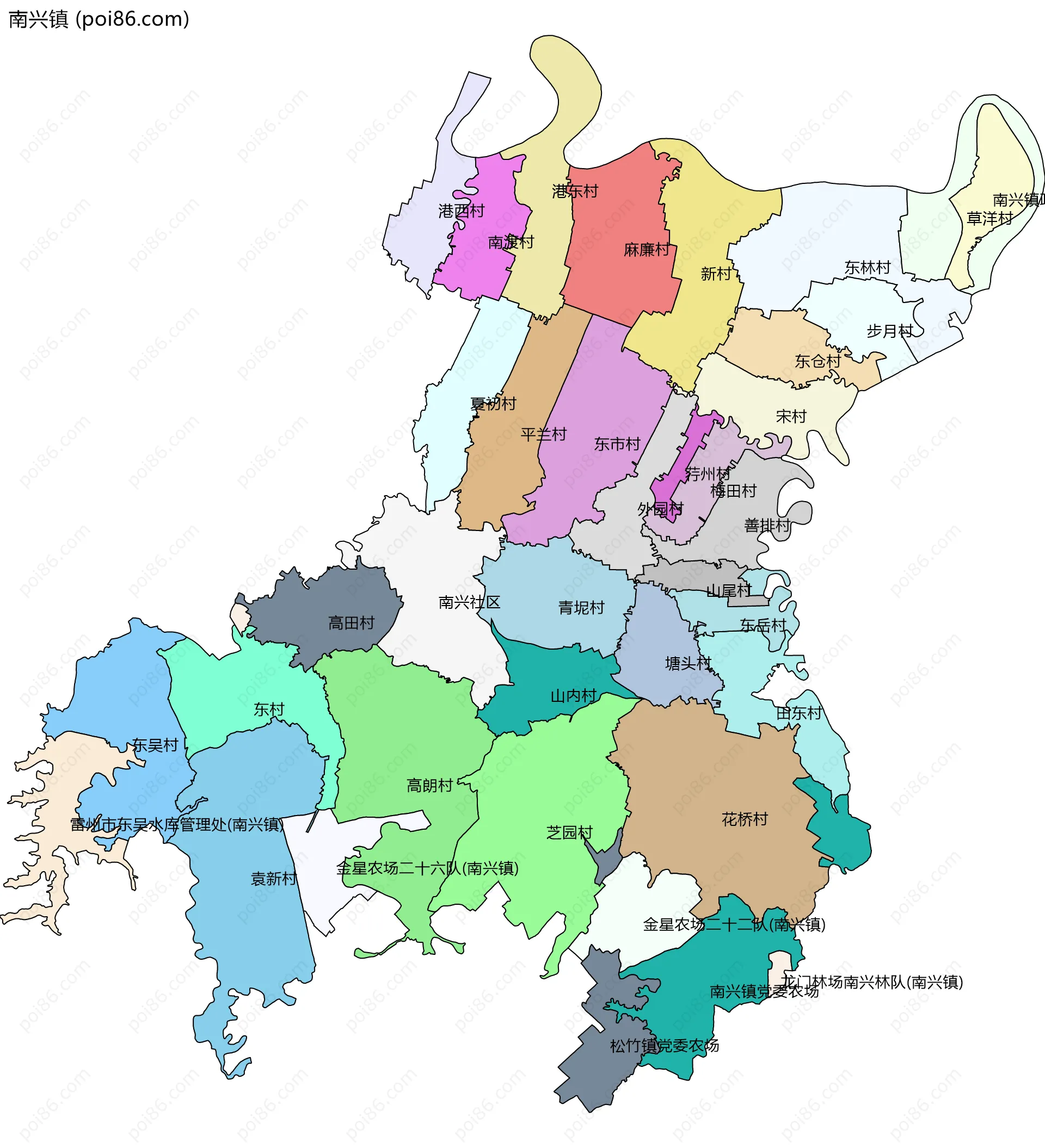 南兴镇边界地图(五级行政区划)