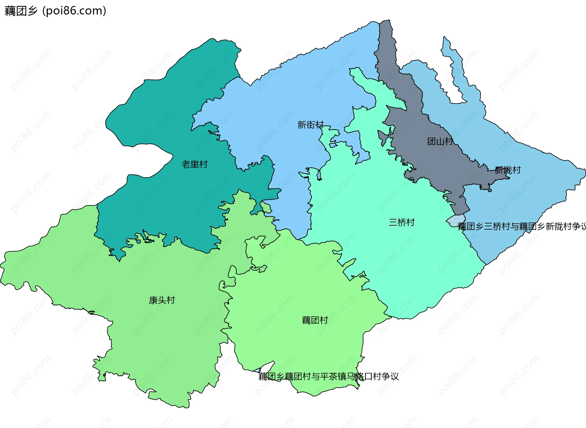 藕团乡边界地图(五级行政区划)