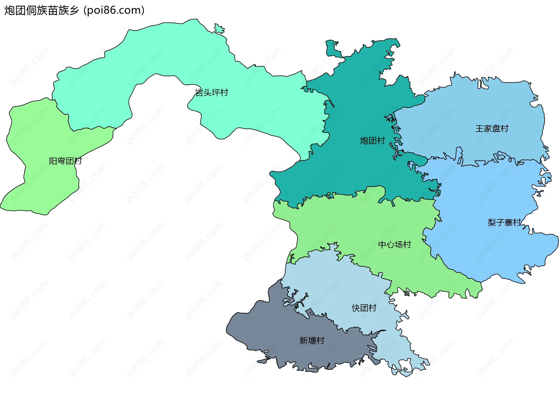 炮团侗族苗族乡边界地图(五级行政区划)