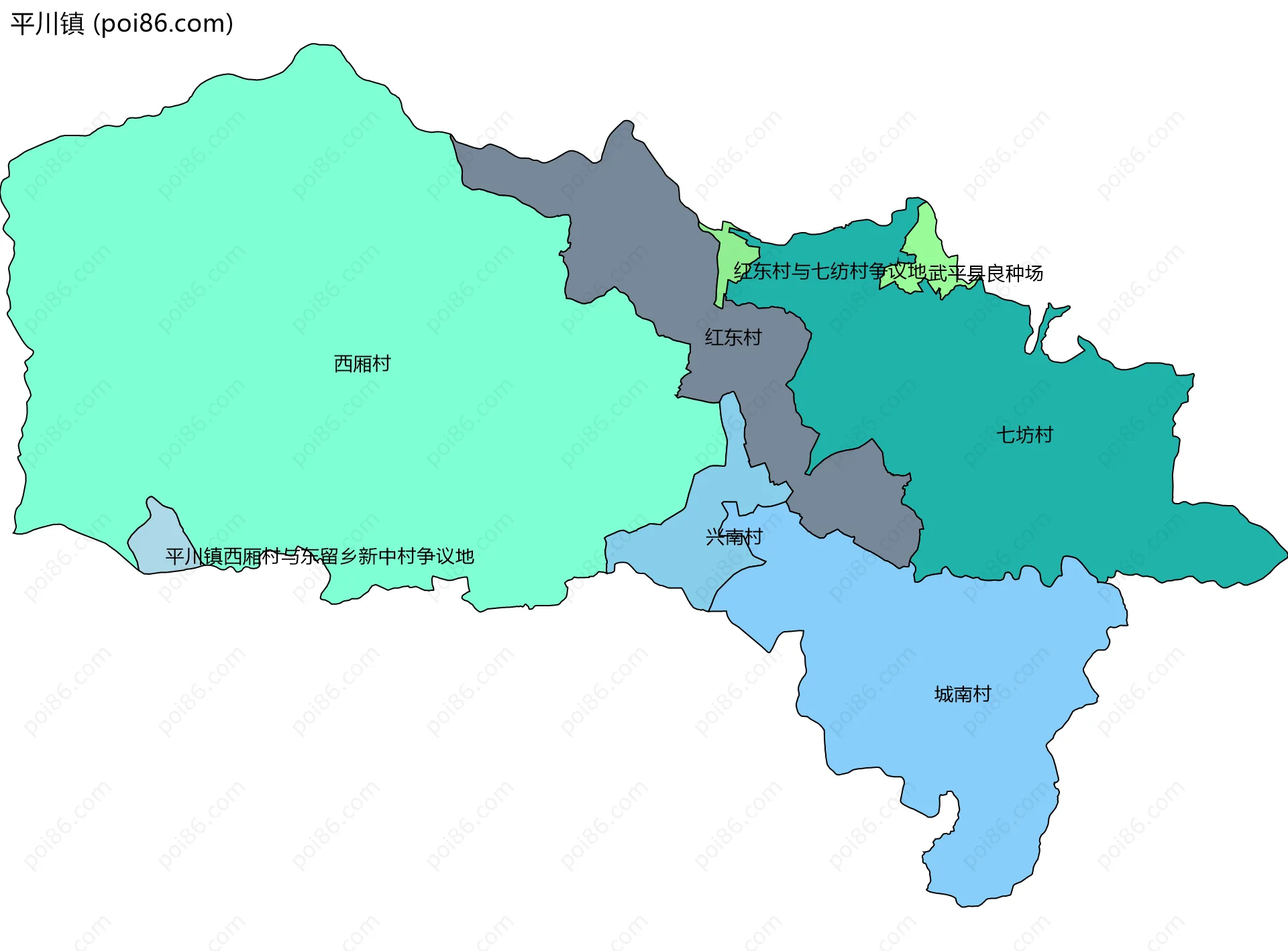平川镇边界地图(五级行政区划)